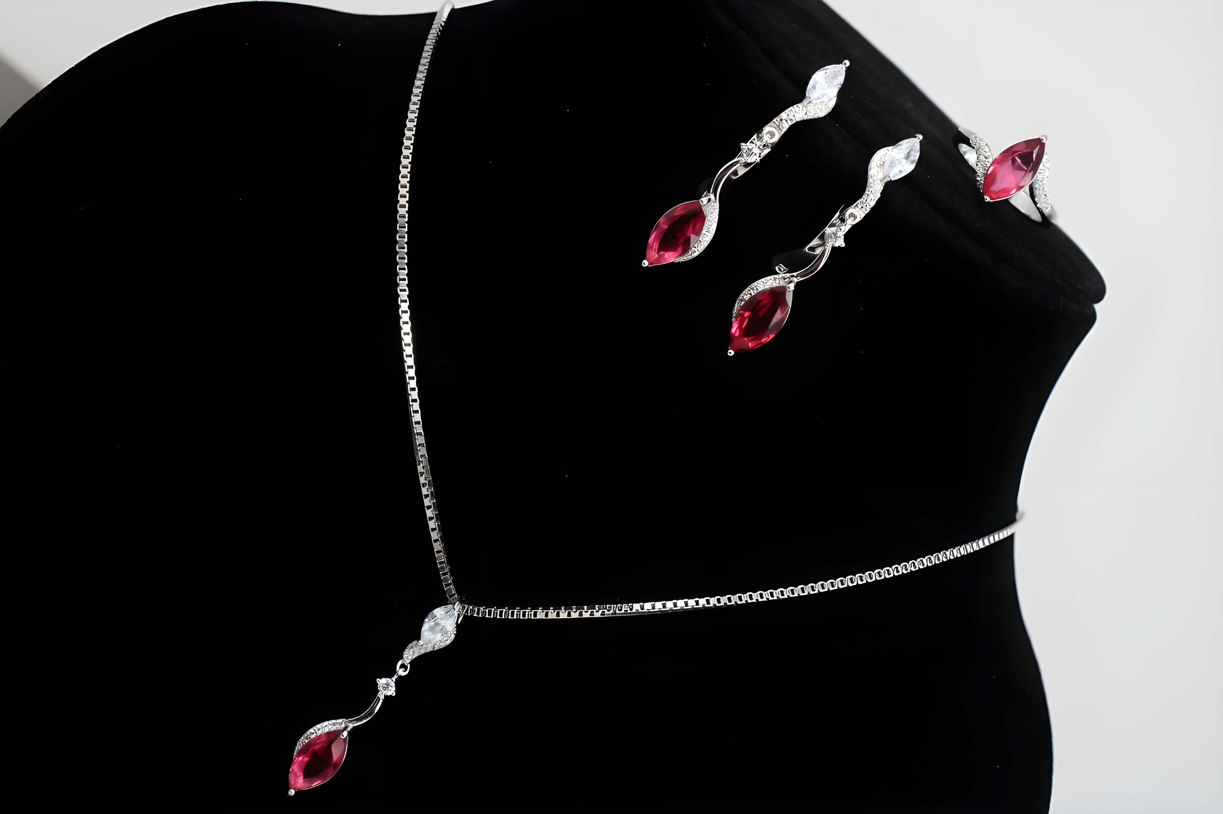 Sterling Silver Ruby Marquise Diamond Jewelry Set - Ring, Drop Earrings & Pendant with White Diamond Accents