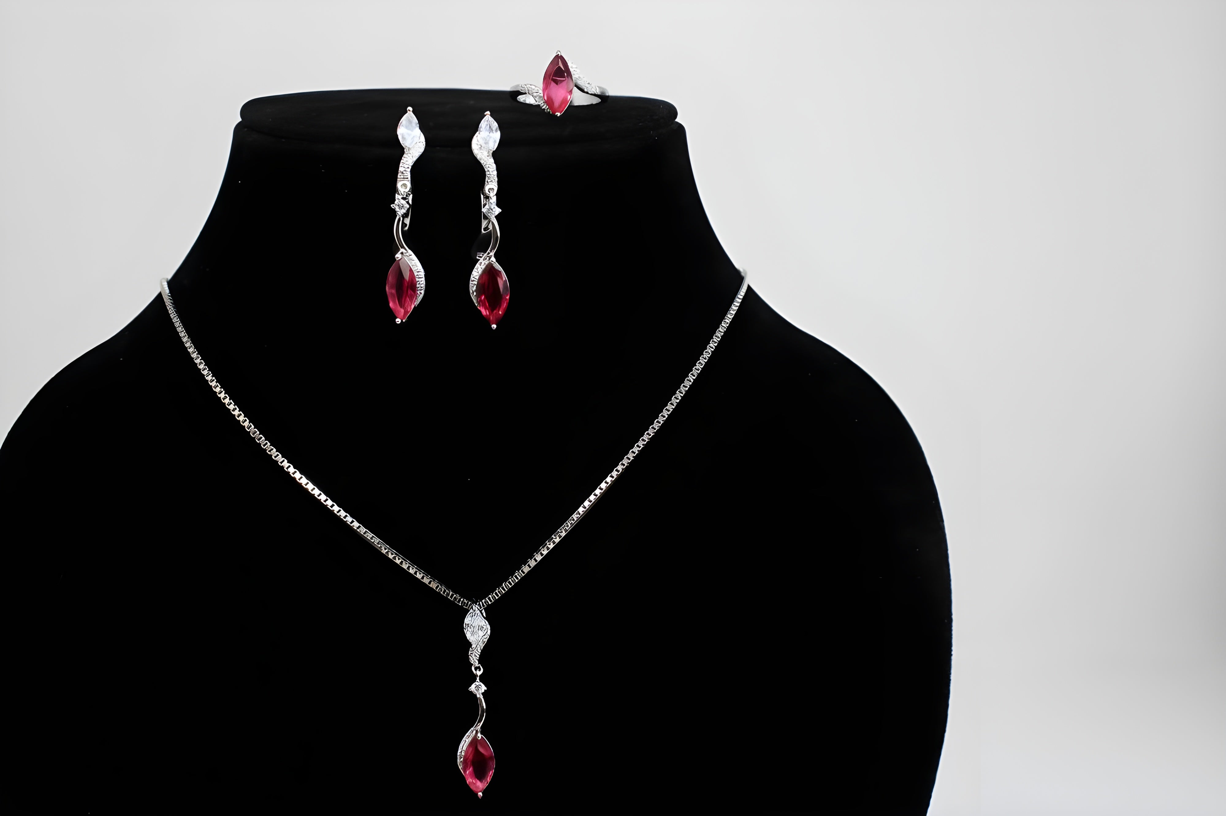 Sterling Silver Ruby Marquise Diamond Jewelry Set - Ring, Drop Earrings & Pendant with White Diamond Accents