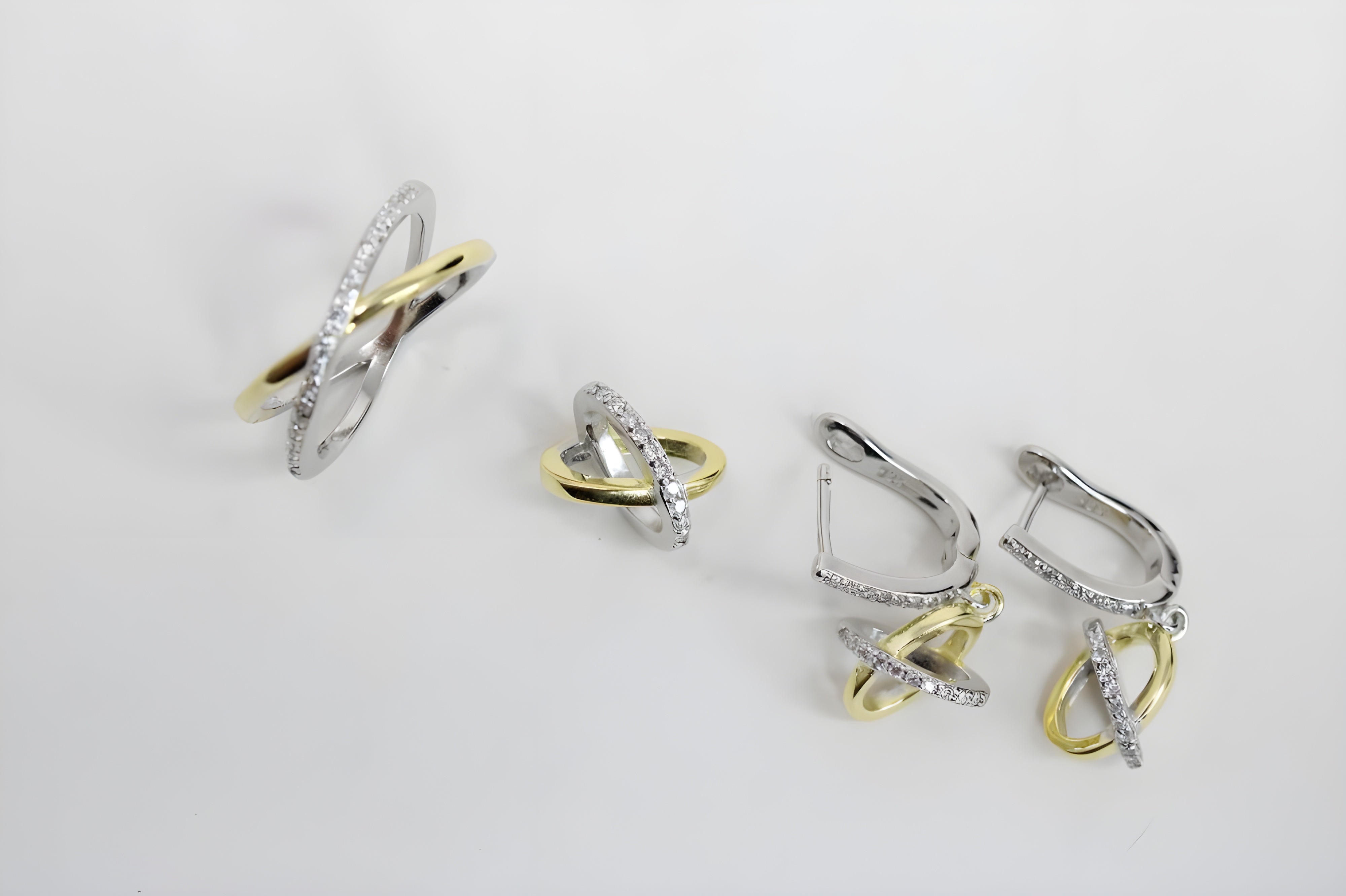 Dual-Tone Infinity Diamond Jewelry Set - Sterling Silver & Gold-Plated Hoop Earrings and Ring with White Diamond Accents