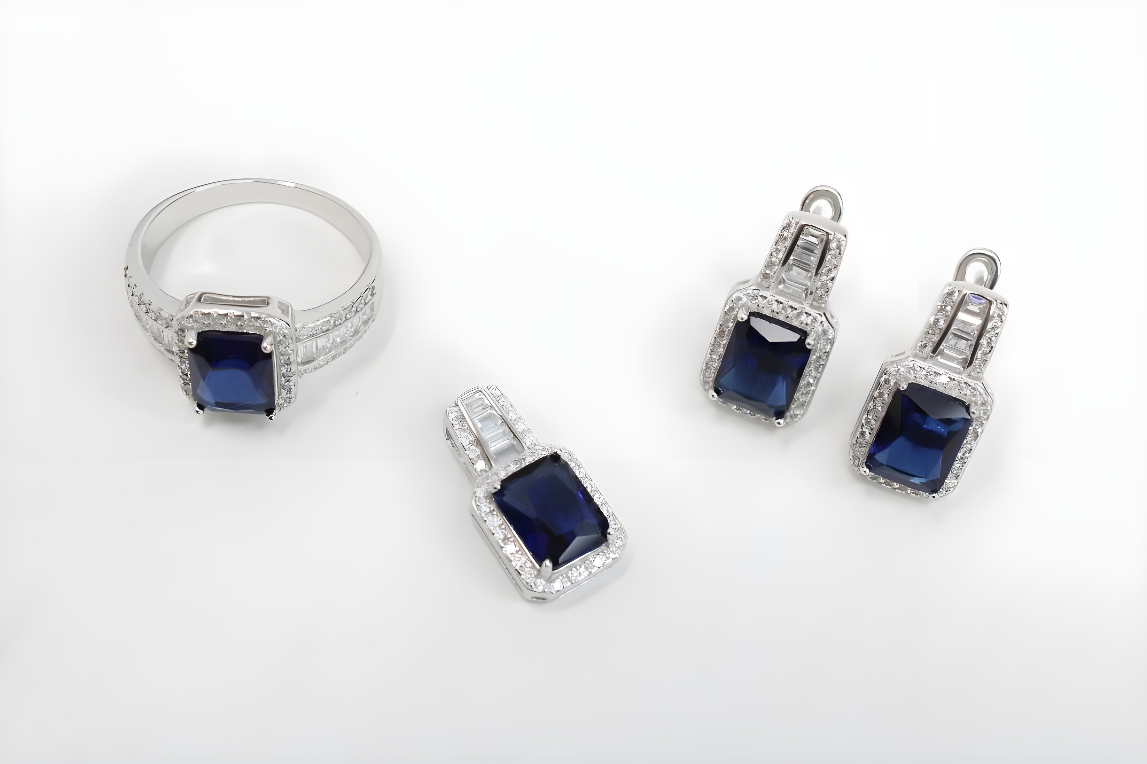 Midnight Blue Royale Diamond Jewelry Set - Sterling Silver Ring, Pendant & Drop Earrings with Rectangular Blue Gemstone and White Diamond Halo