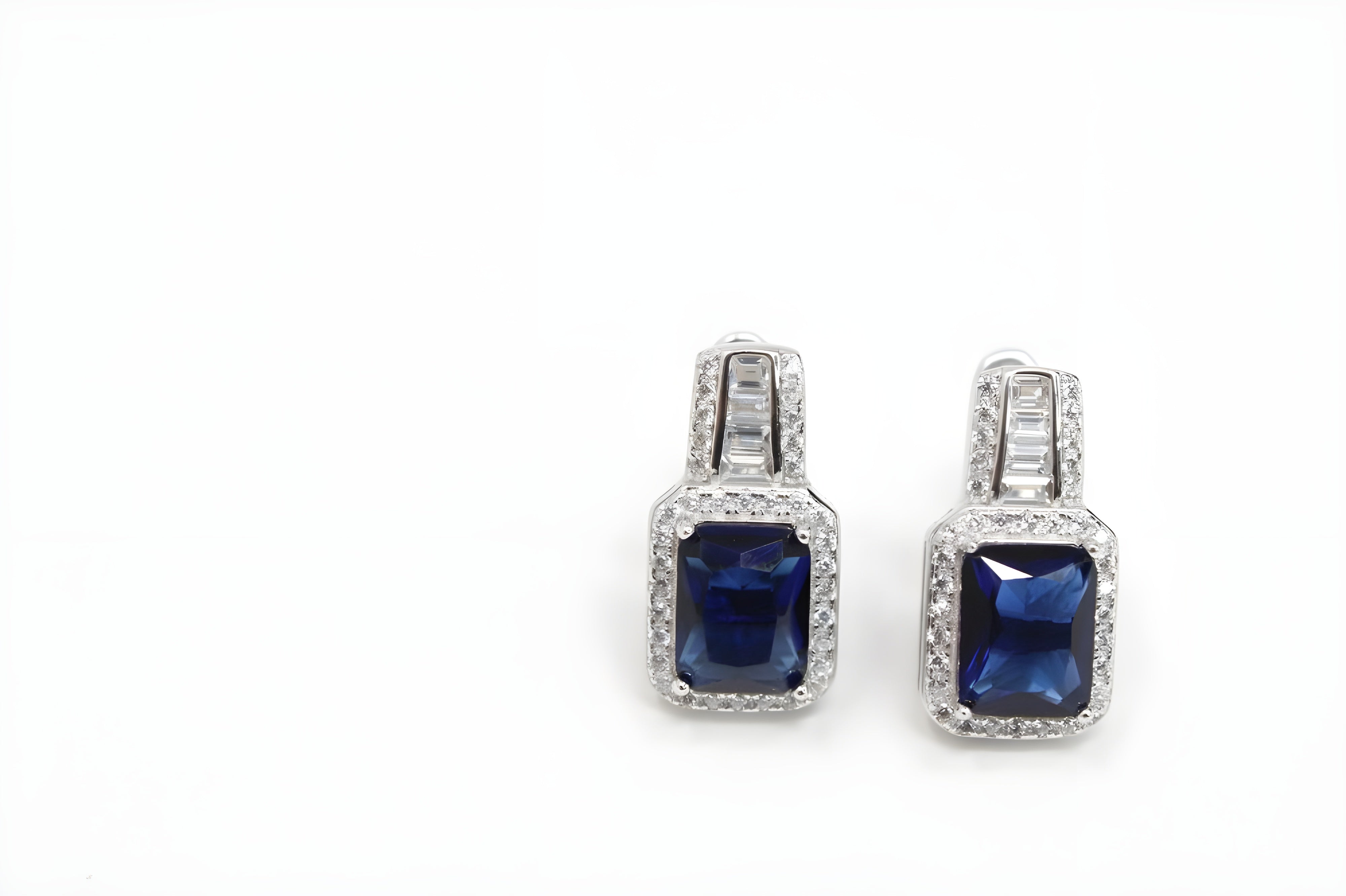 Midnight Blue Royale Diamond Jewelry Set - Sterling Silver Ring, Pendant & Drop Earrings with Rectangular Blue Gemstone and White Diamond Halo