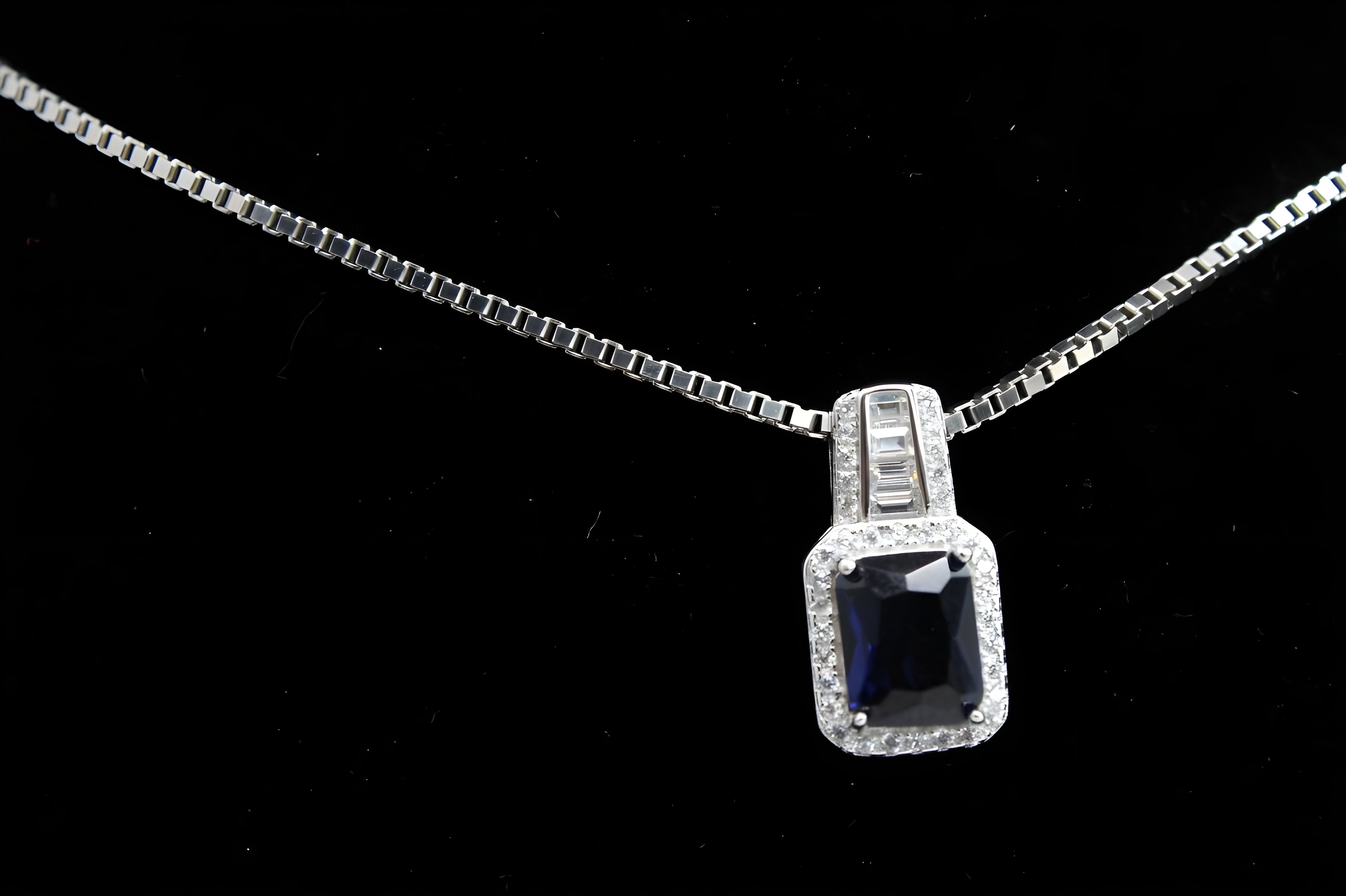 Midnight Blue Royale Diamond Jewelry Set - Sterling Silver Ring, Pendant & Drop Earrings with Rectangular Blue Gemstone and White Diamond Halo