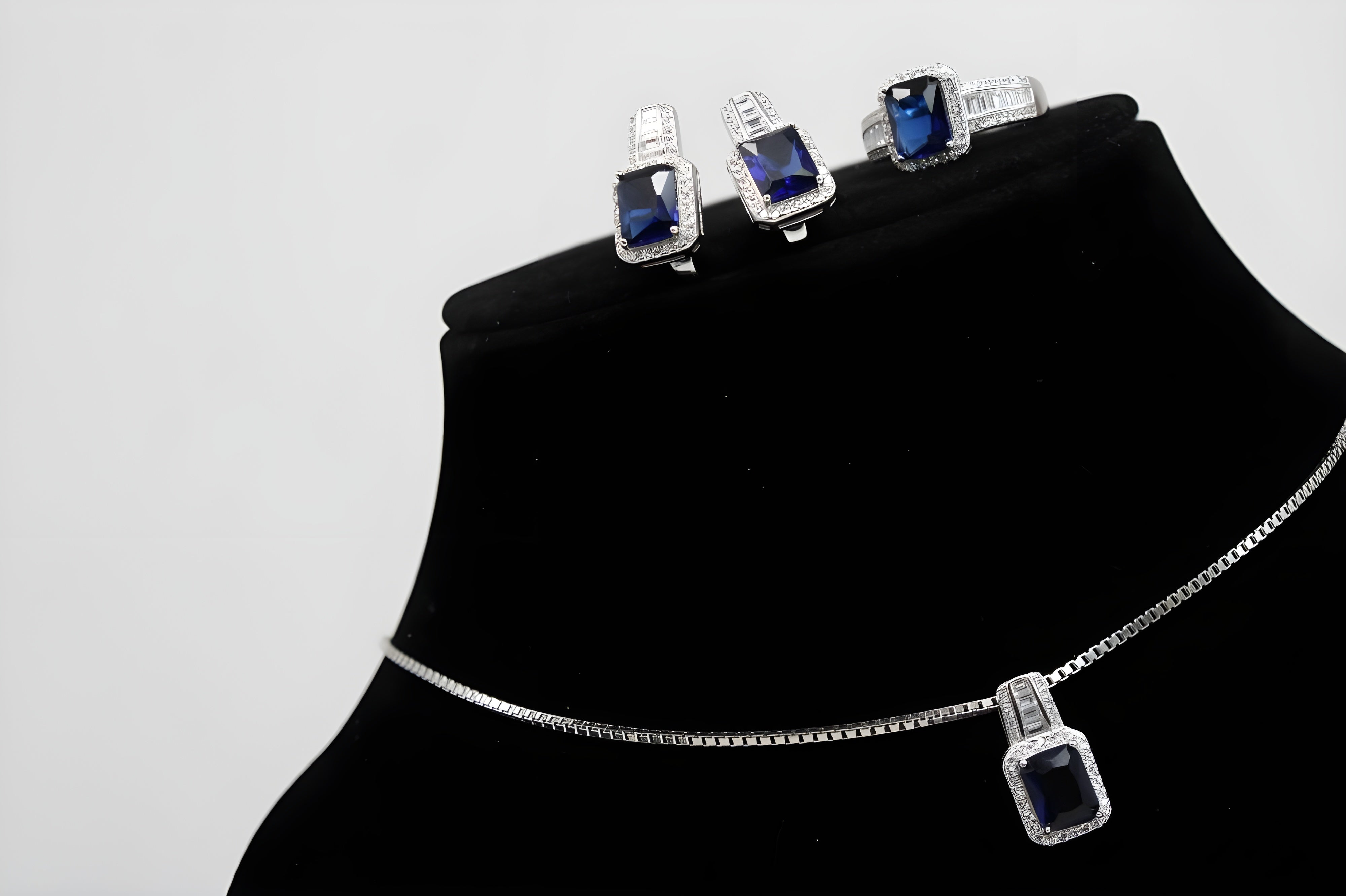 Midnight Blue Royale Diamond Jewelry Set - Sterling Silver Ring, Pendant & Drop Earrings with Rectangular Blue Gemstone and White Diamond Halo