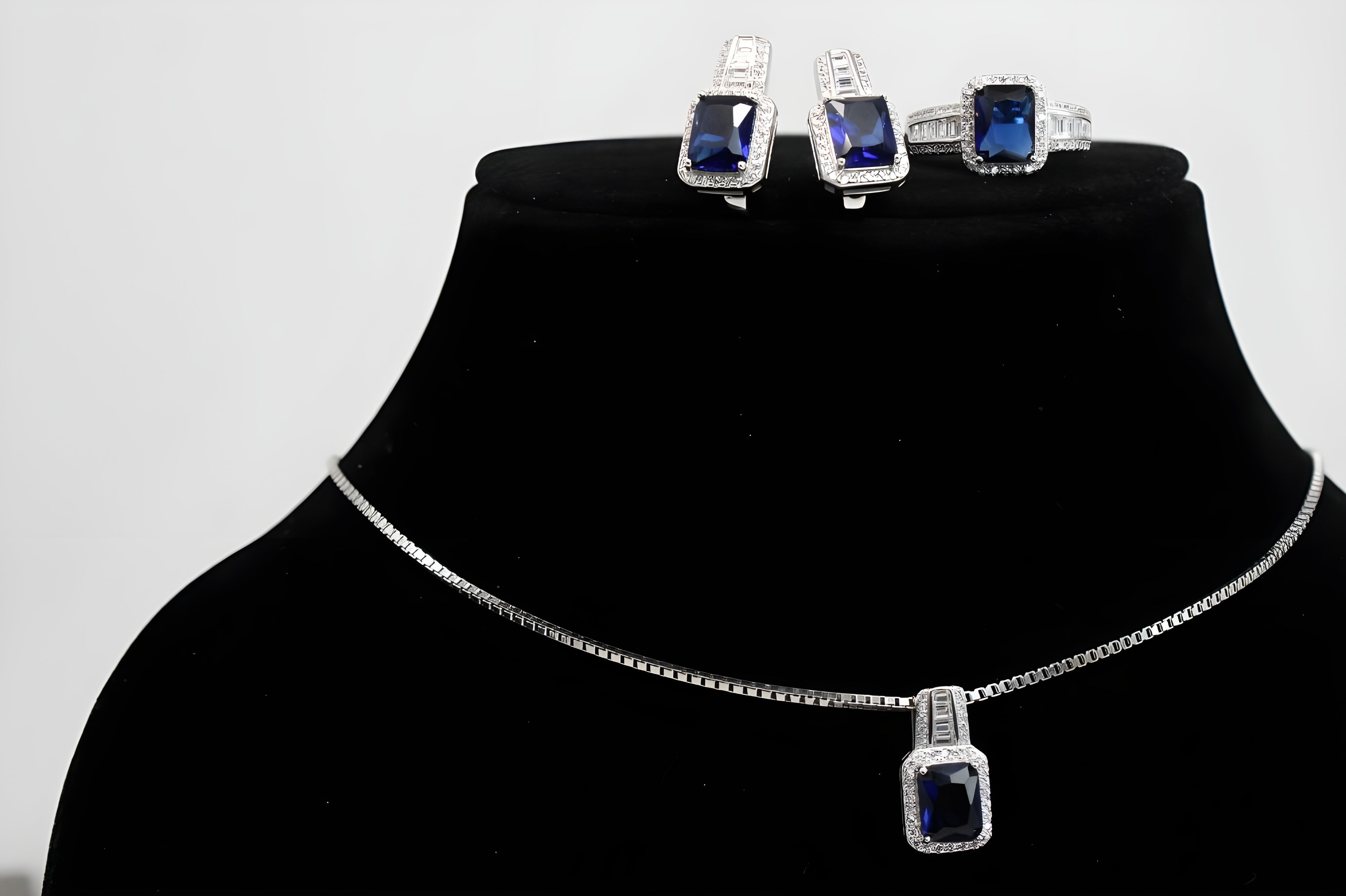 Midnight Blue Royale Diamond Jewelry Set - Sterling Silver Ring, Pendant & Drop Earrings with Rectangular Blue Gemstone and White Diamond Halo