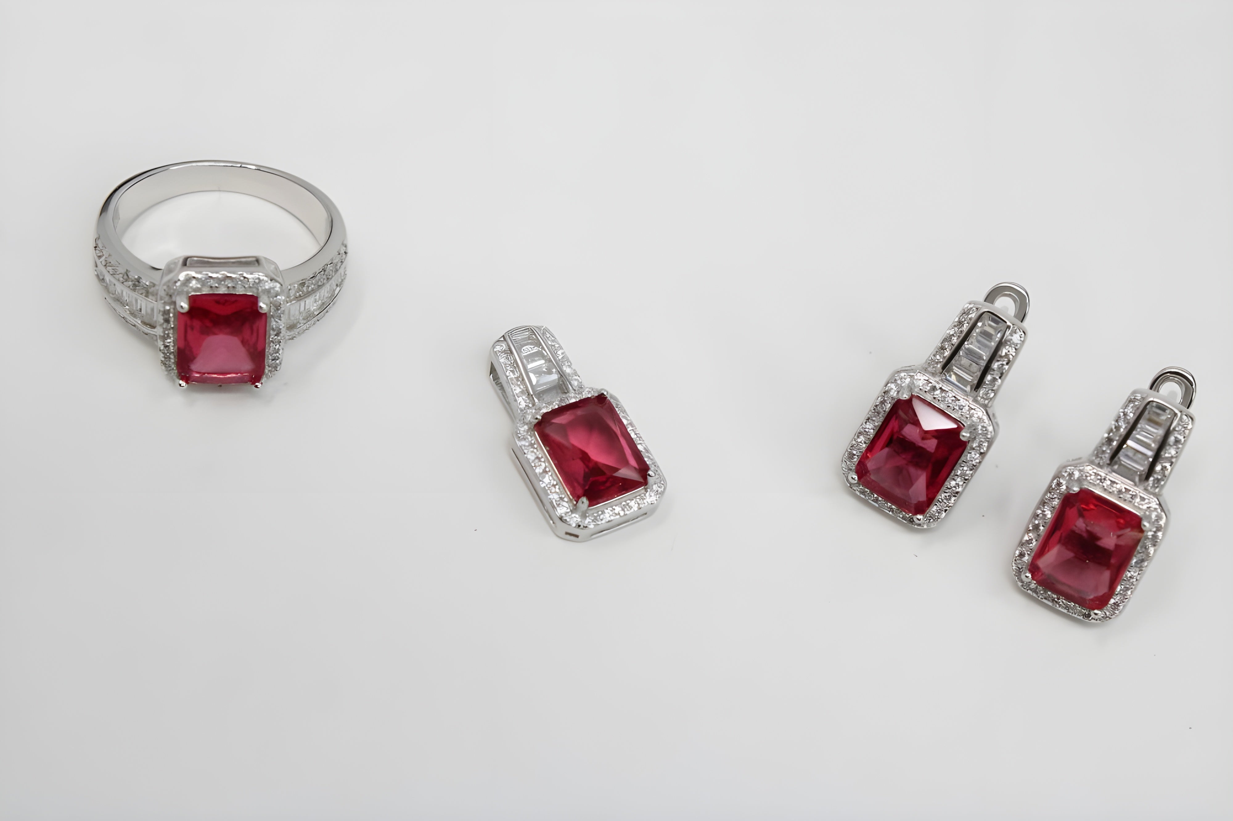 Crimson Royale Diamond Jewelry Set - Sterling Silver Ring, Pendant & Drop Earrings with Rectangular Crimson Gemstone and White Diamond Halo