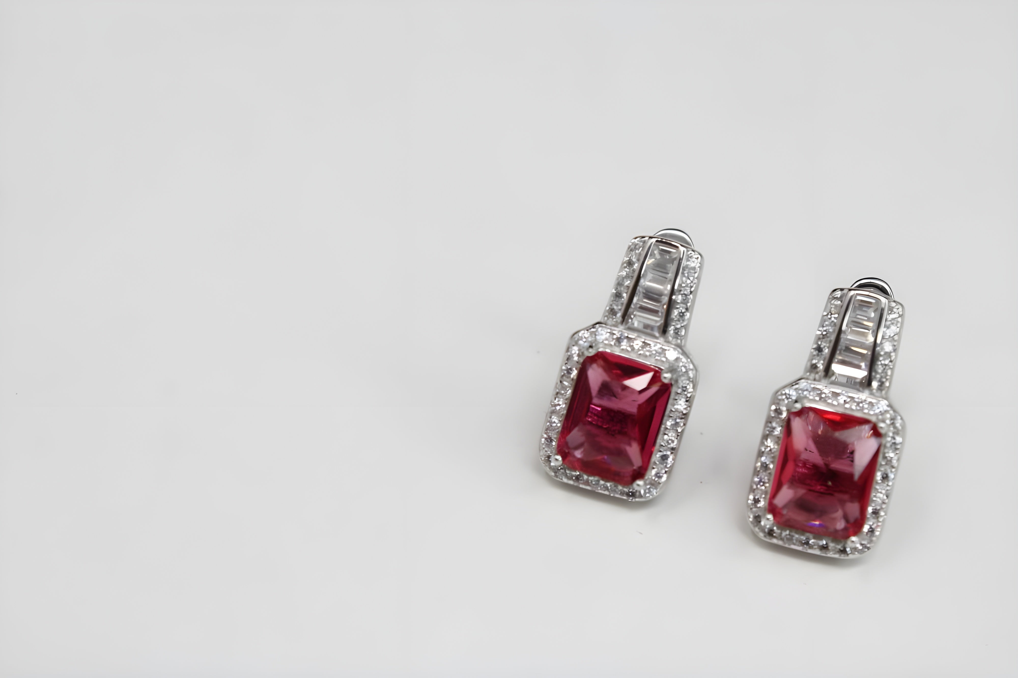 Crimson Royale Diamond Jewelry Set - Sterling Silver Ring, Pendant & Drop Earrings with Rectangular Crimson Gemstone and White Diamond Halo