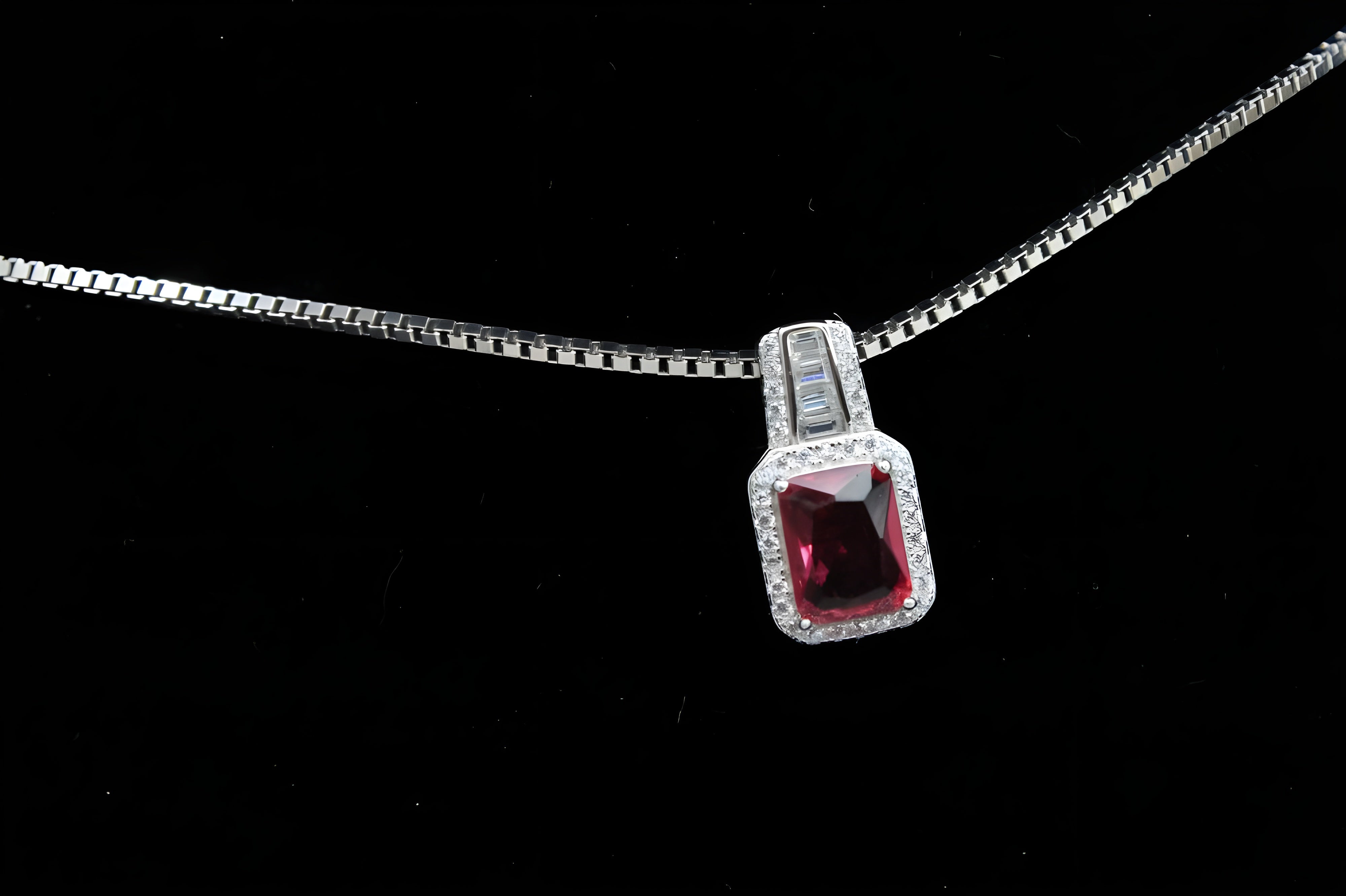 Crimson Royale Diamond Jewelry Set - Sterling Silver Ring, Pendant & Drop Earrings with Rectangular Crimson Gemstone and White Diamond Halo