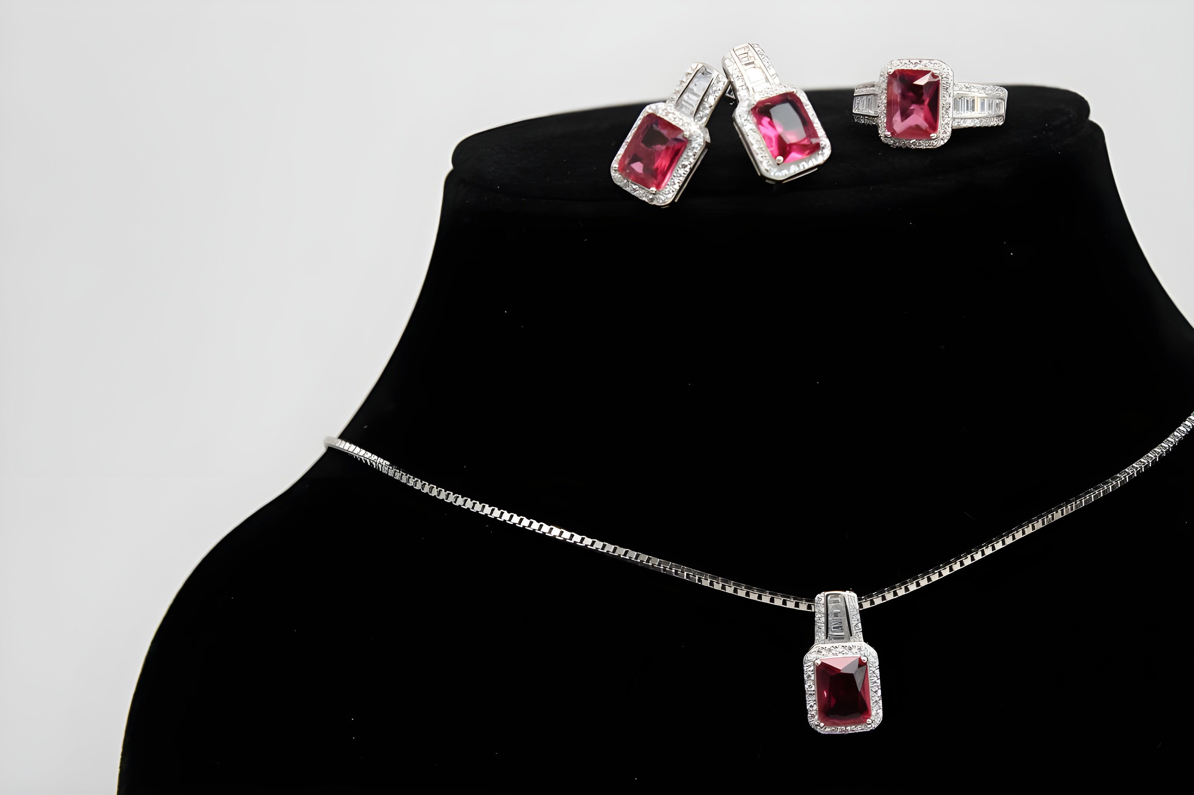 Crimson Royale Diamond Jewelry Set - Sterling Silver Ring, Pendant & Drop Earrings with Rectangular Crimson Gemstone and White Diamond Halo