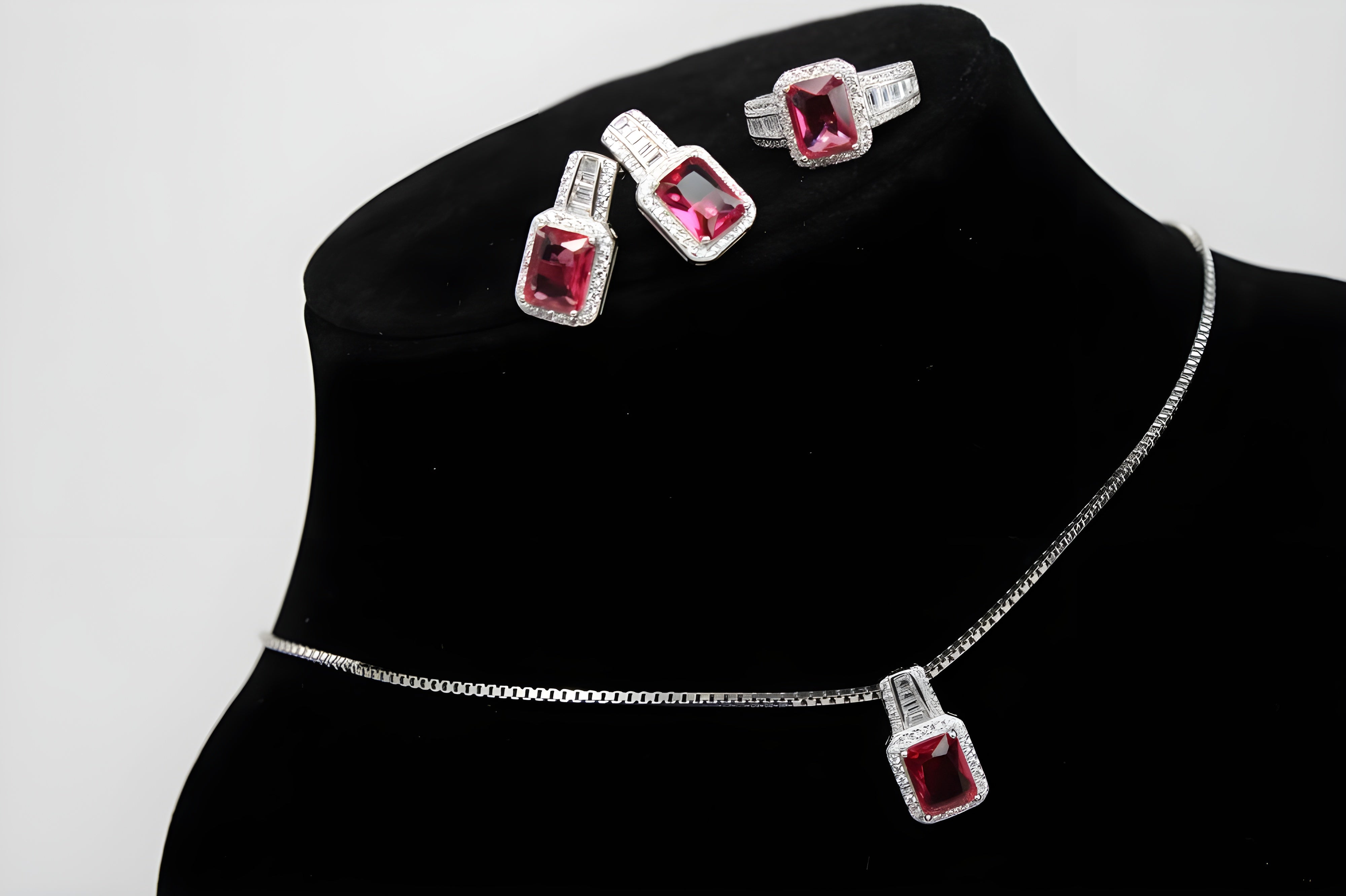 Crimson Royale Diamond Jewelry Set - Sterling Silver Ring, Pendant & Drop Earrings with Rectangular Crimson Gemstone and White Diamond Halo