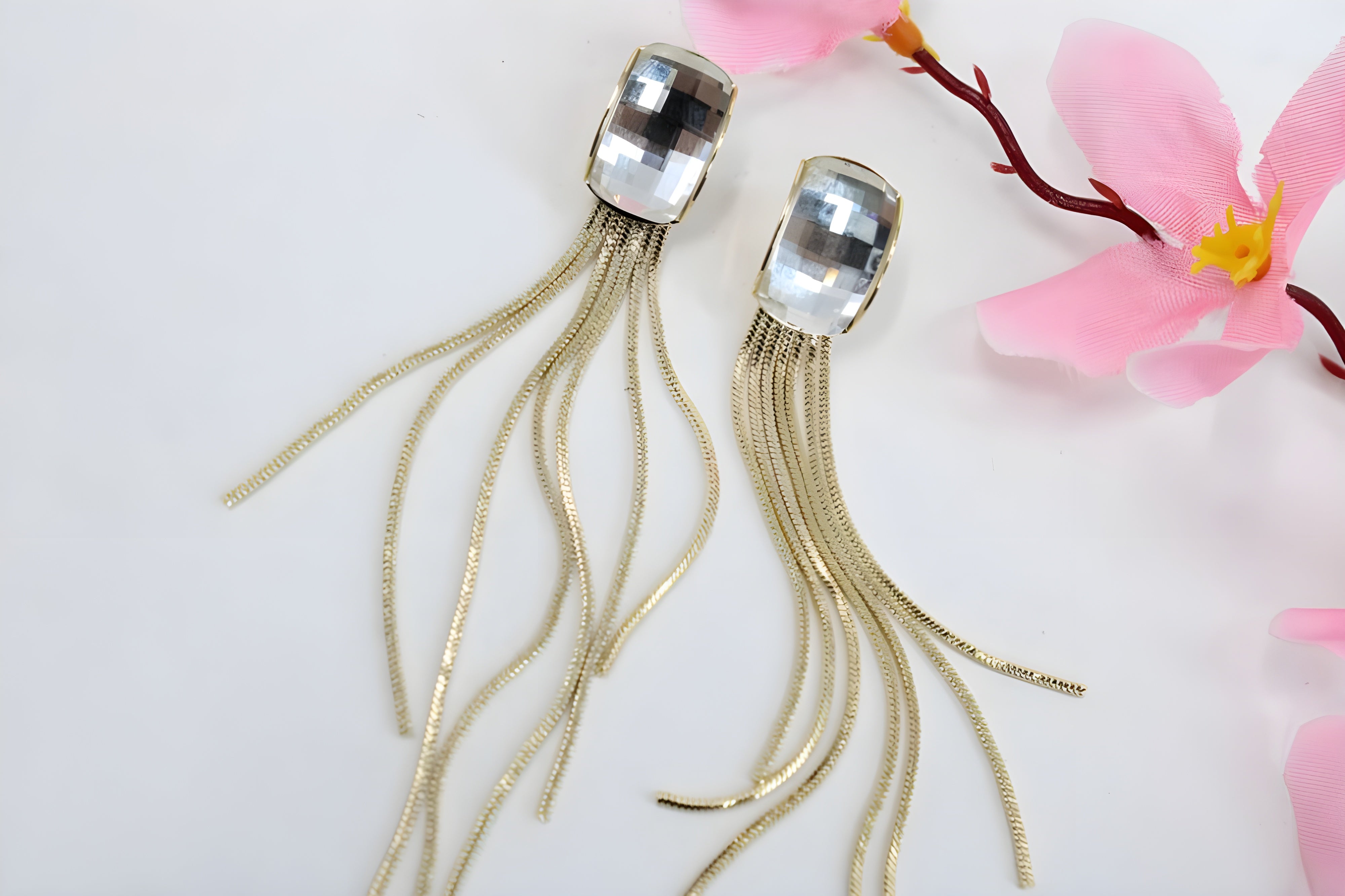 Golden Tassel Elegance Earrings with Crystal Accent