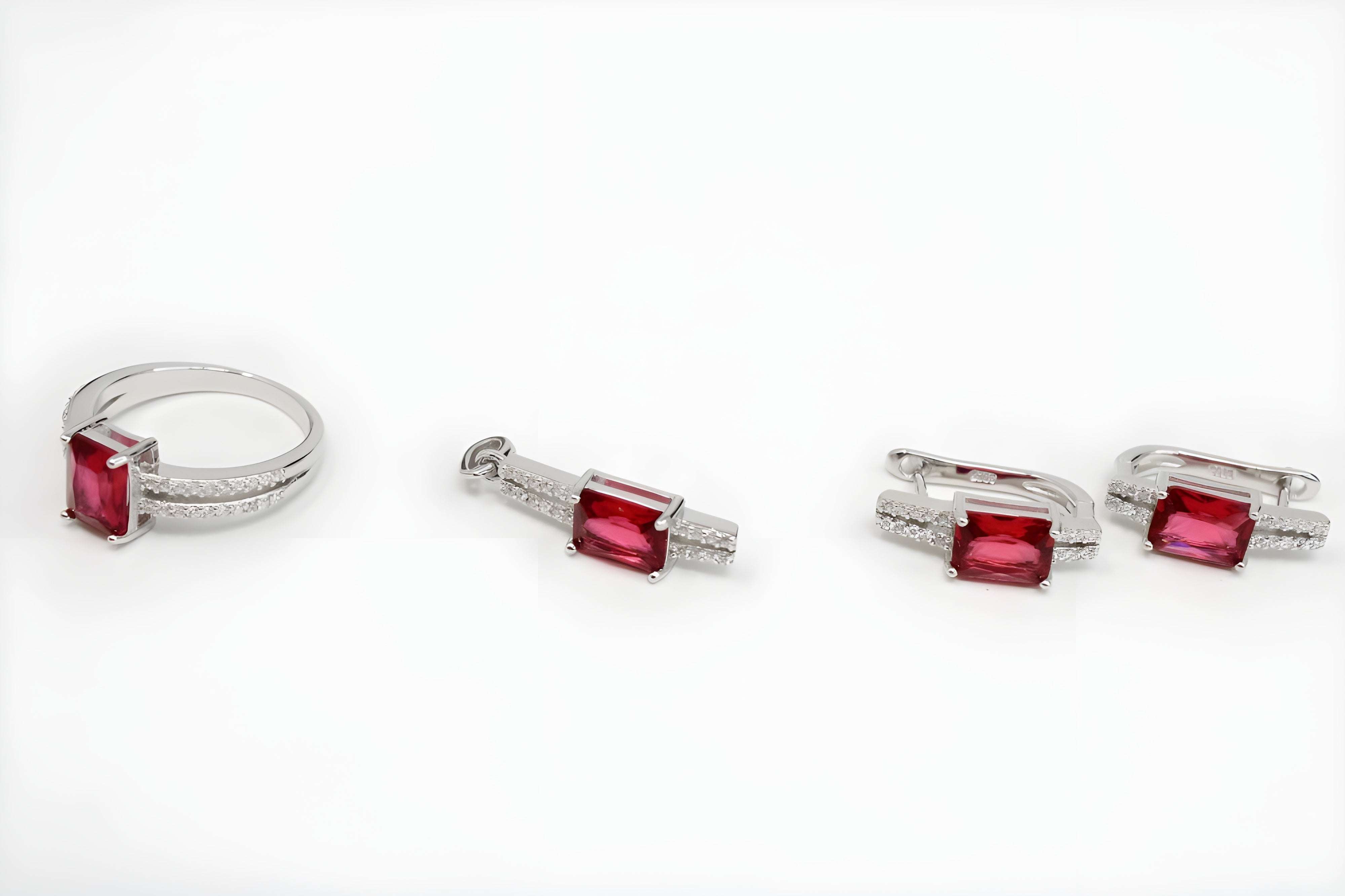 Ruby Radiance Diamond Jewelry Set - Sterling Silver Ring, Pendant & Drop Earrings with Rectangular-Cut Rubies and White Diamond Accents