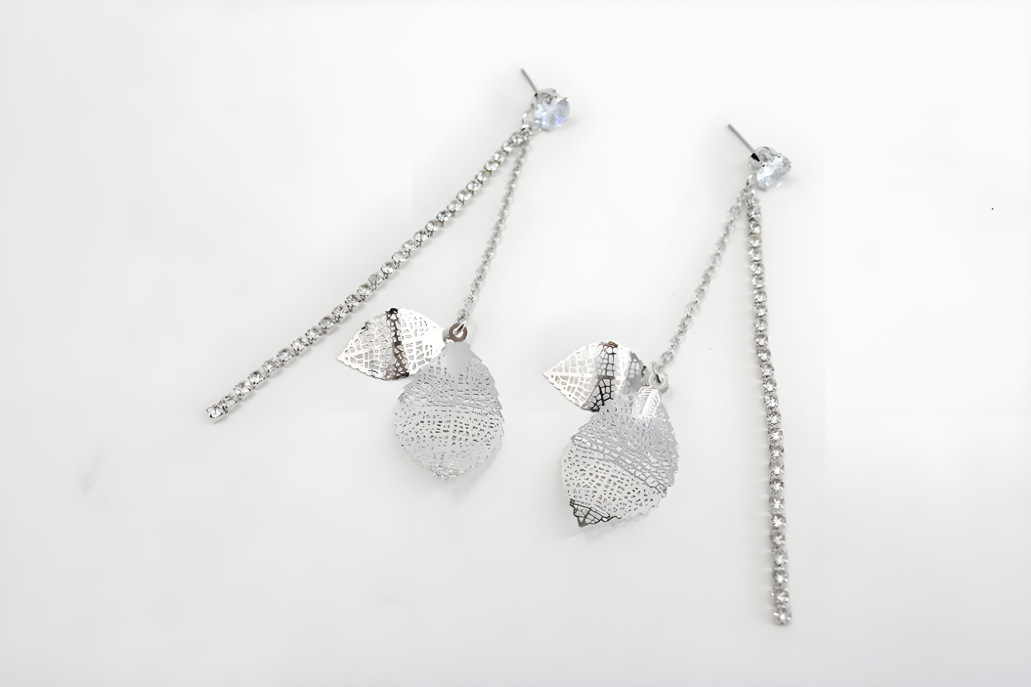 Elegant Silver Filigree Leaf Drop Earrings with Crystal Accents