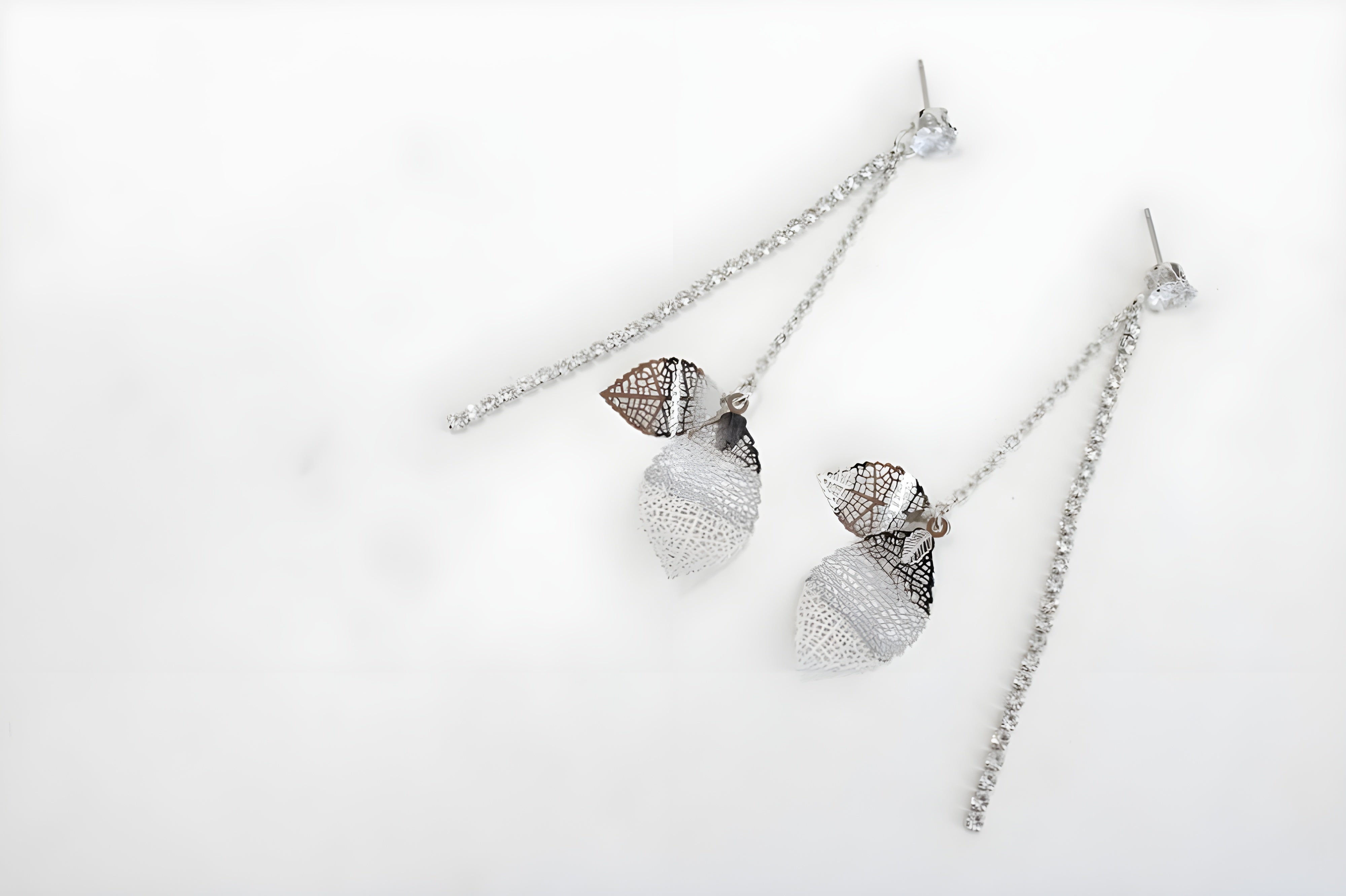 Elegant Silver Filigree Leaf Drop Earrings with Crystal Accents