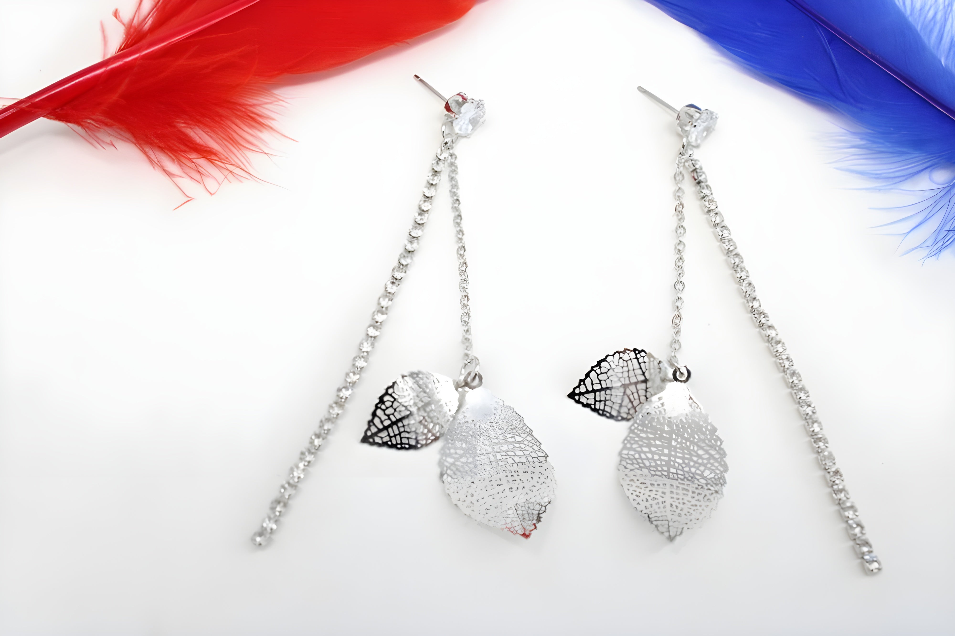 Elegant Silver Filigree Leaf Drop Earrings with Crystal Accents