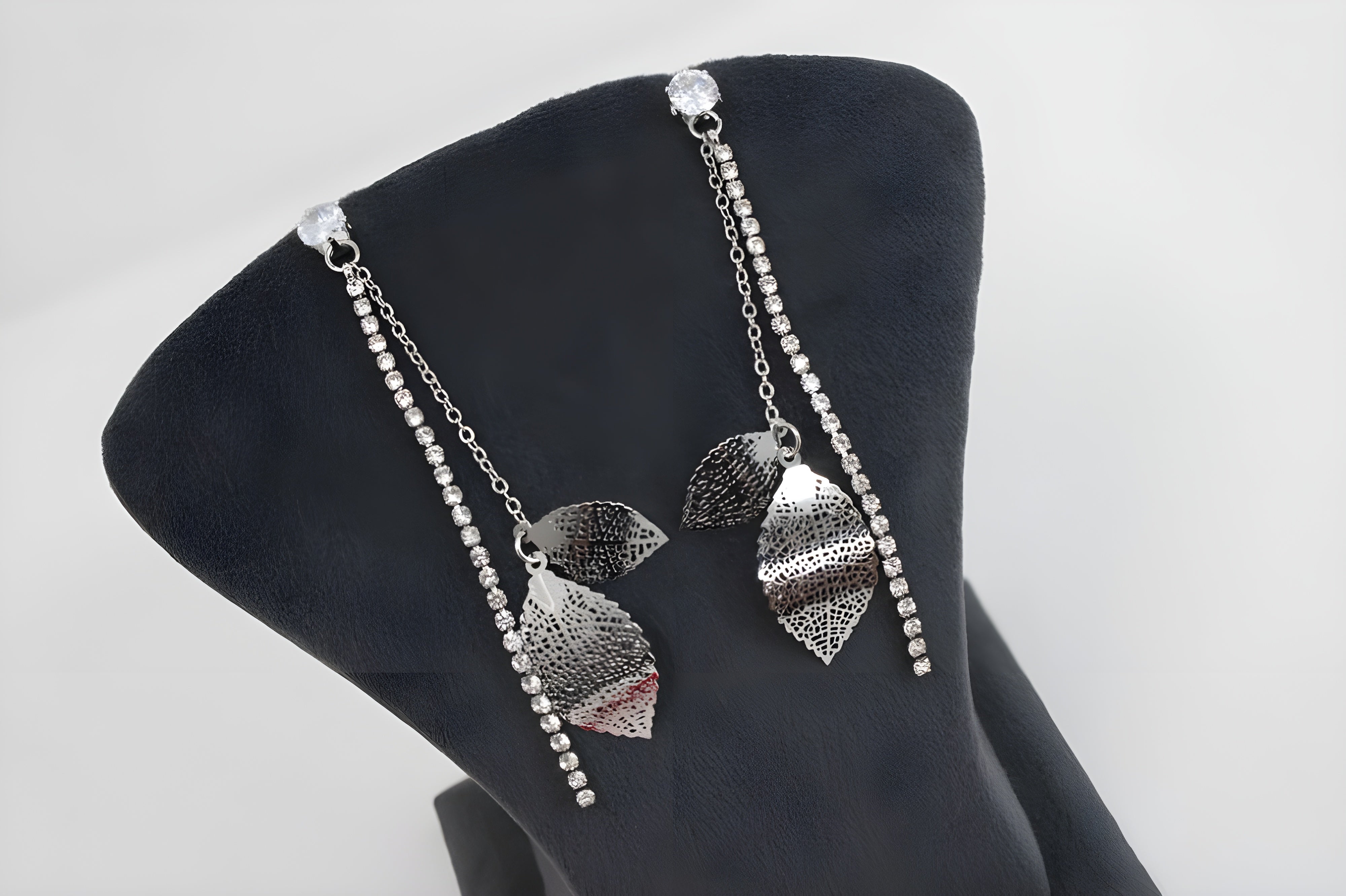 Elegant Silver Filigree Leaf Drop Earrings with Crystal Accents