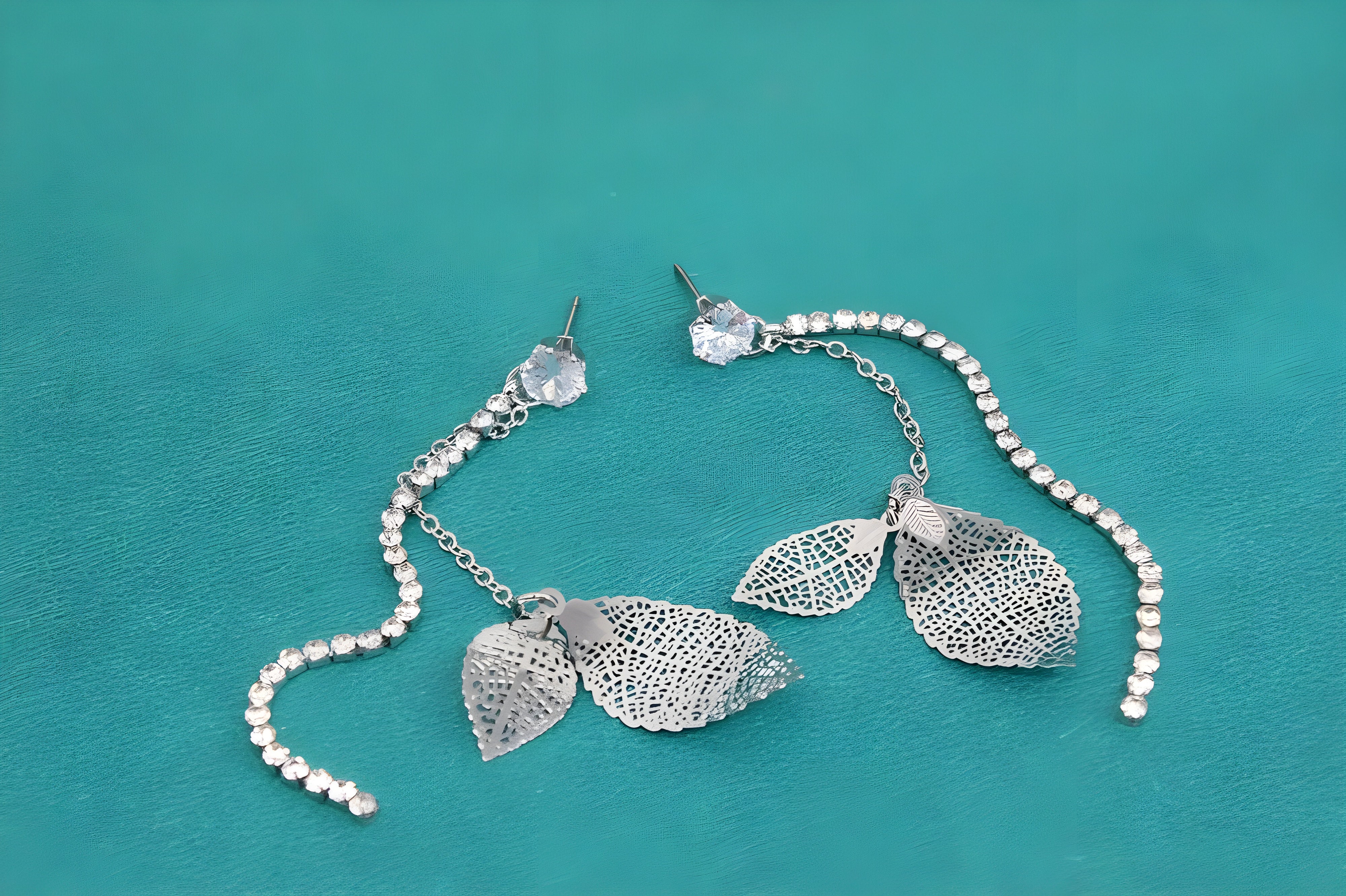 Elegant Silver Filigree Leaf Drop Earrings with Crystal Accents