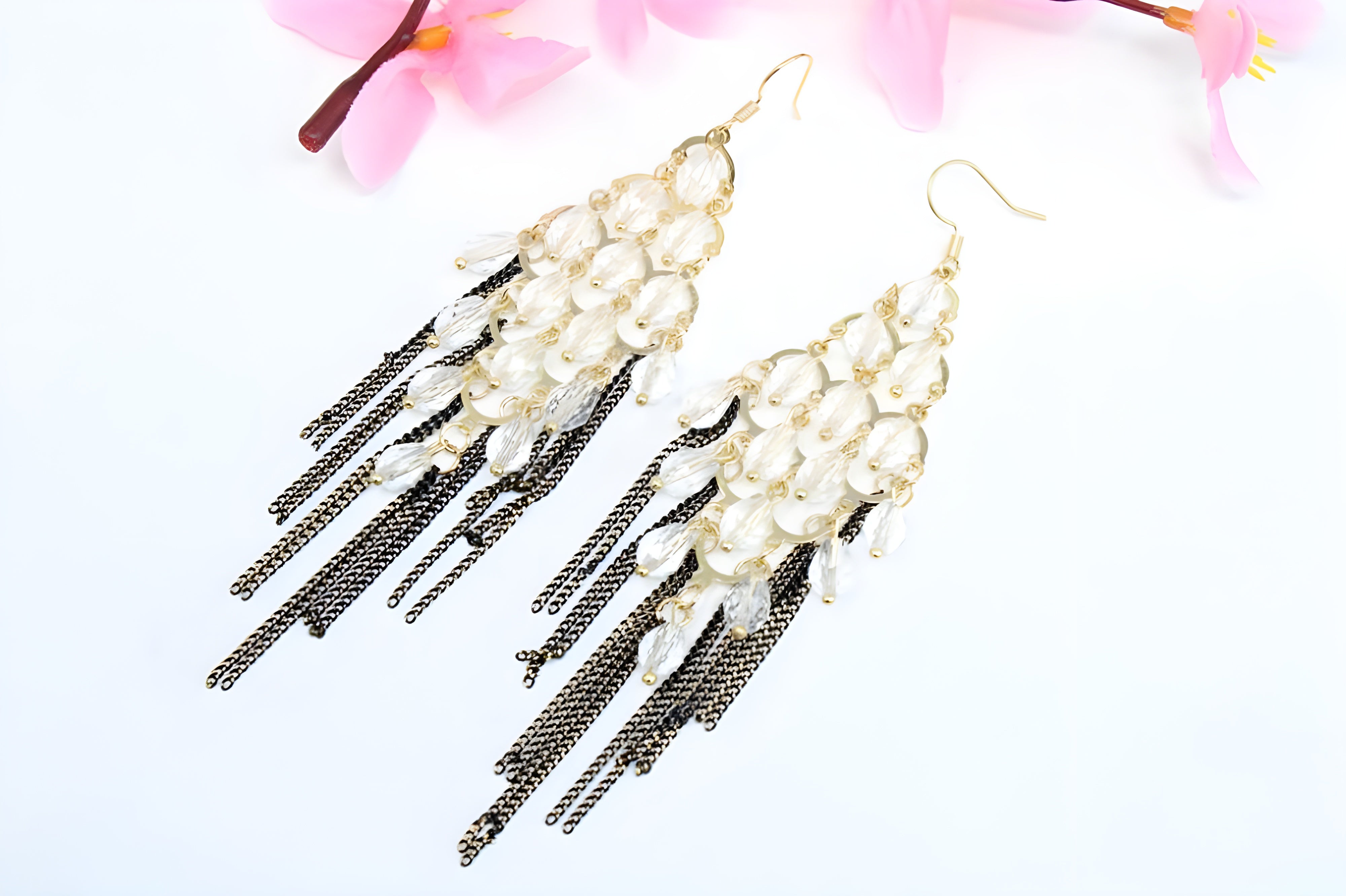 Elegant Pearl Cluster Chandelier Earrings with Antique Bronze Tassels