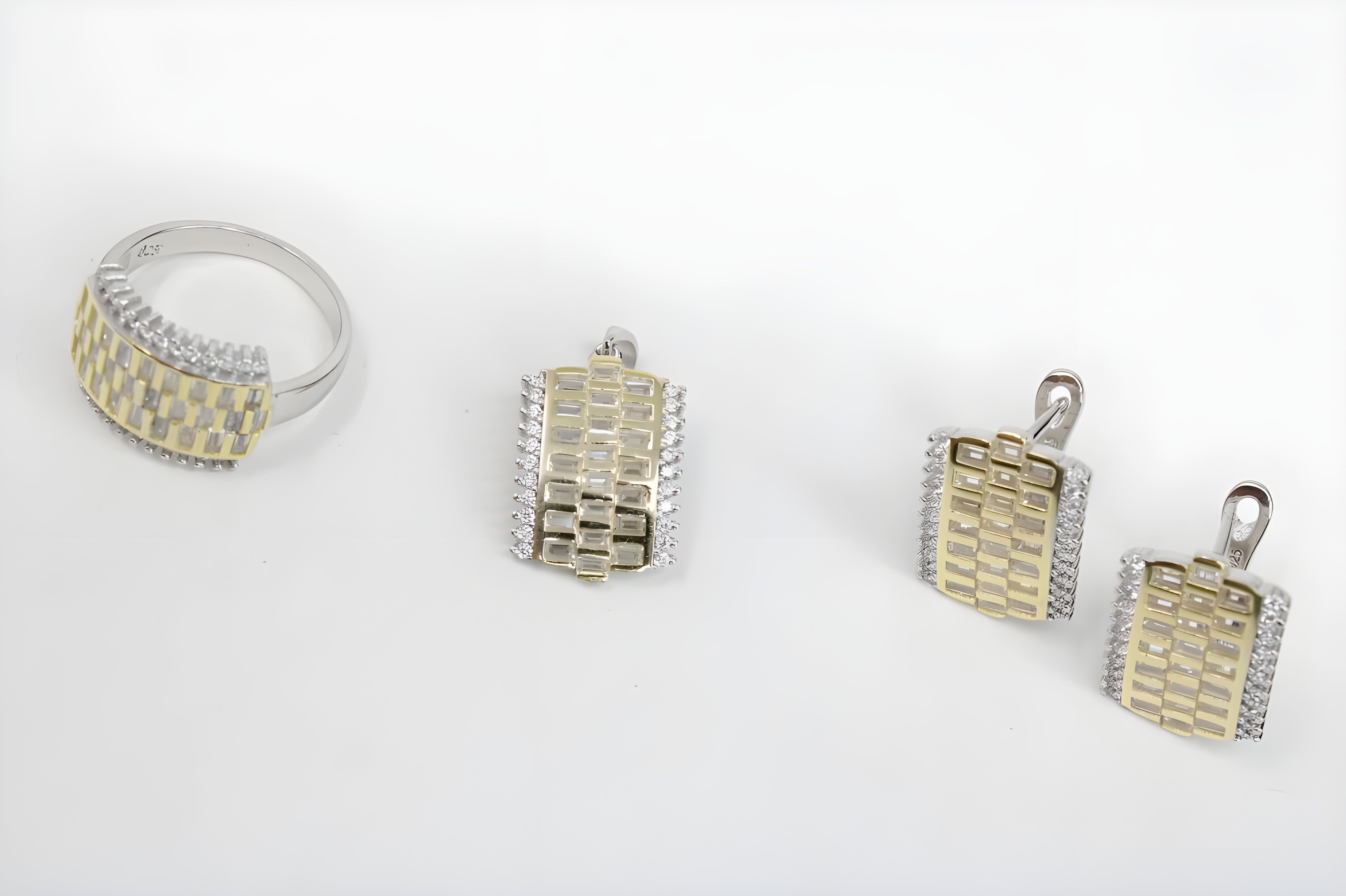 Two-Tone Checkered Diamond Jewelry Set - Sterling Silver and Gold-Plated Ring, Pendant & Drop Earrings with Sparkling White Diamonds