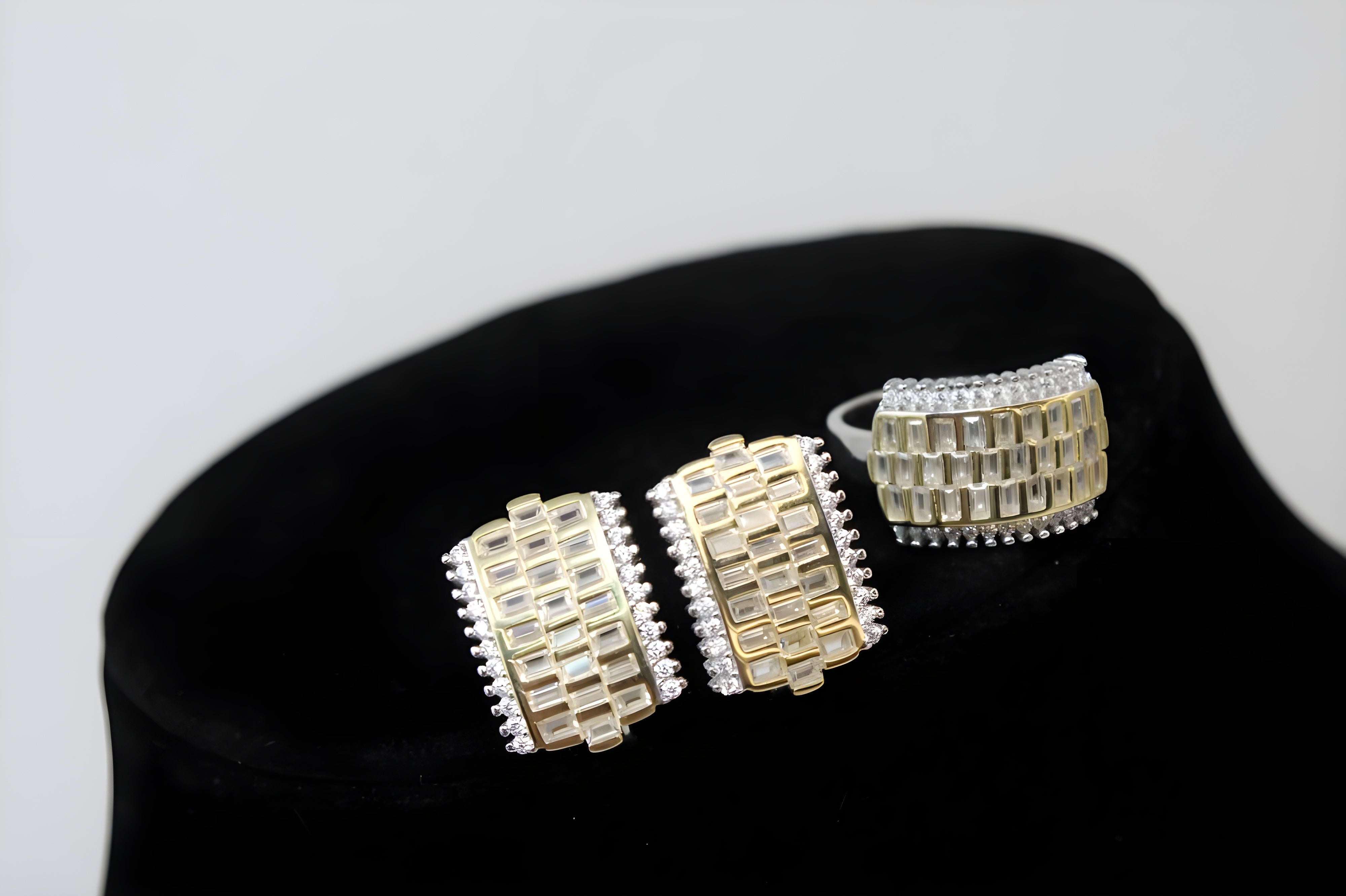 Two-Tone Checkered Diamond Jewelry Set - Sterling Silver and Gold-Plated Ring, Pendant & Drop Earrings with Sparkling White Diamonds