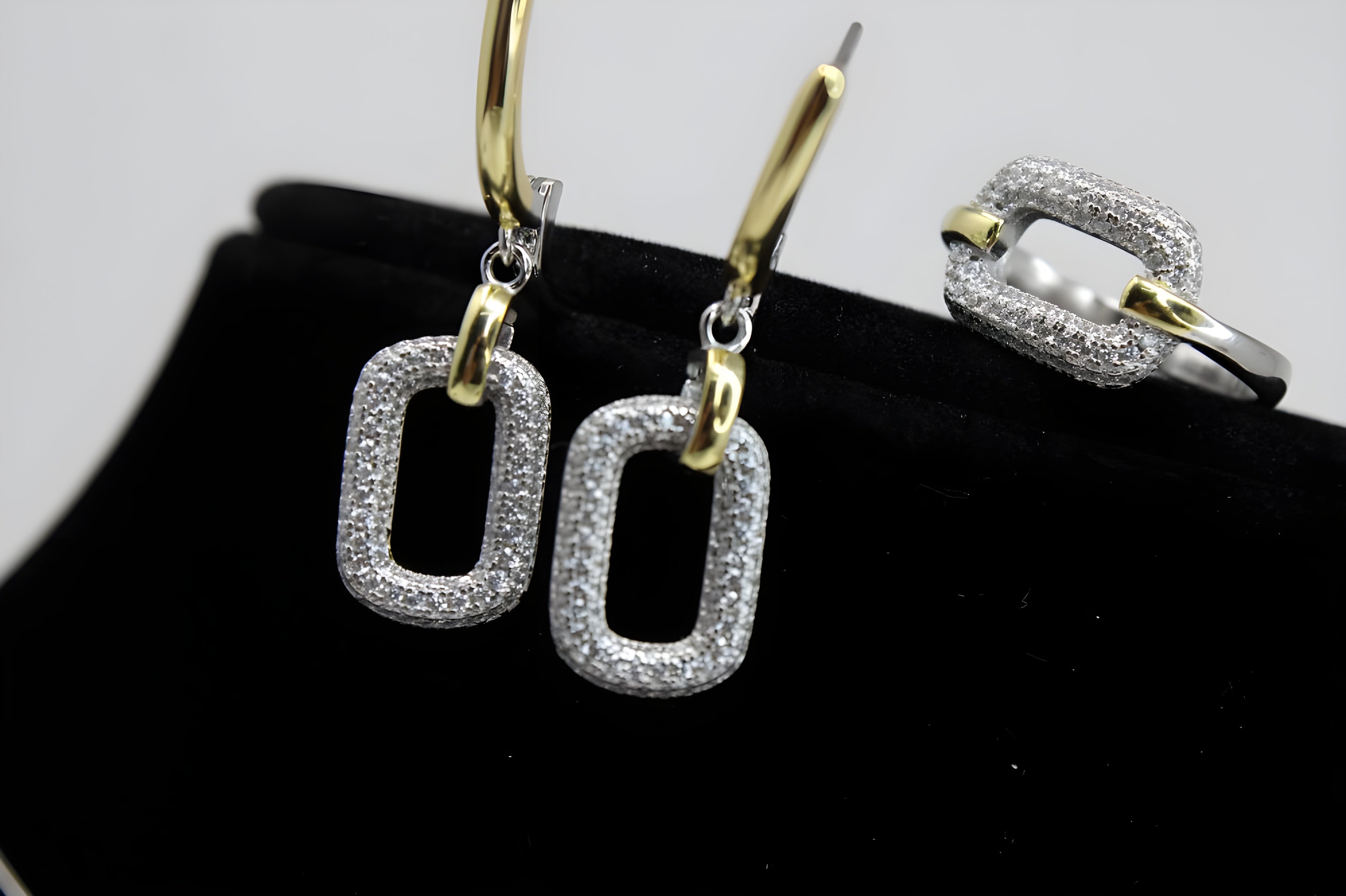 Modern Geometric Diamond Jewelry Set - Sterling Silver and Gold-Plated Ring, Pendant & Drop Earrings with Sparkling White Diamonds