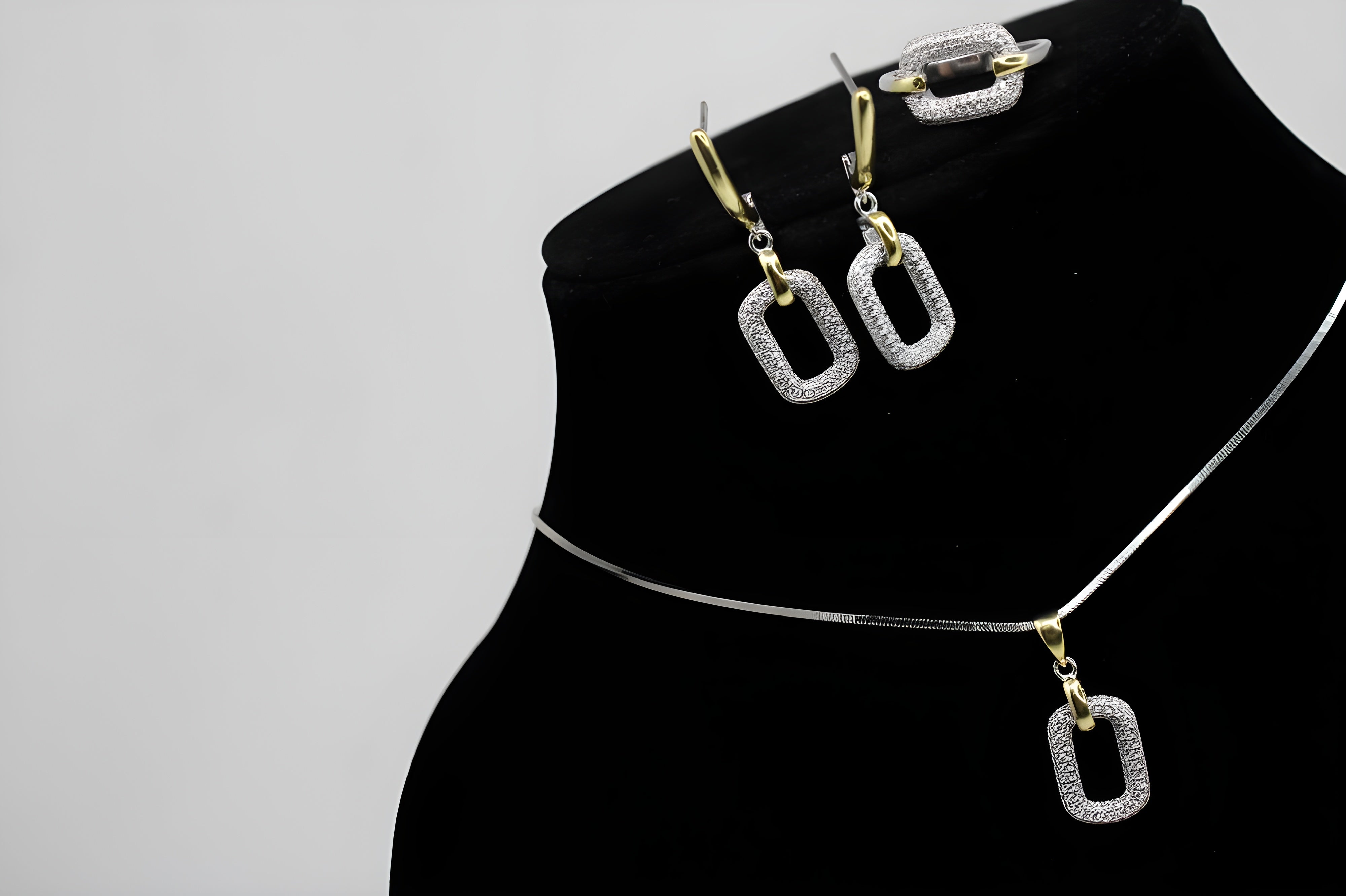 Modern Geometric Diamond Jewelry Set - Sterling Silver and Gold-Plated Ring, Pendant & Drop Earrings with Sparkling White Diamonds