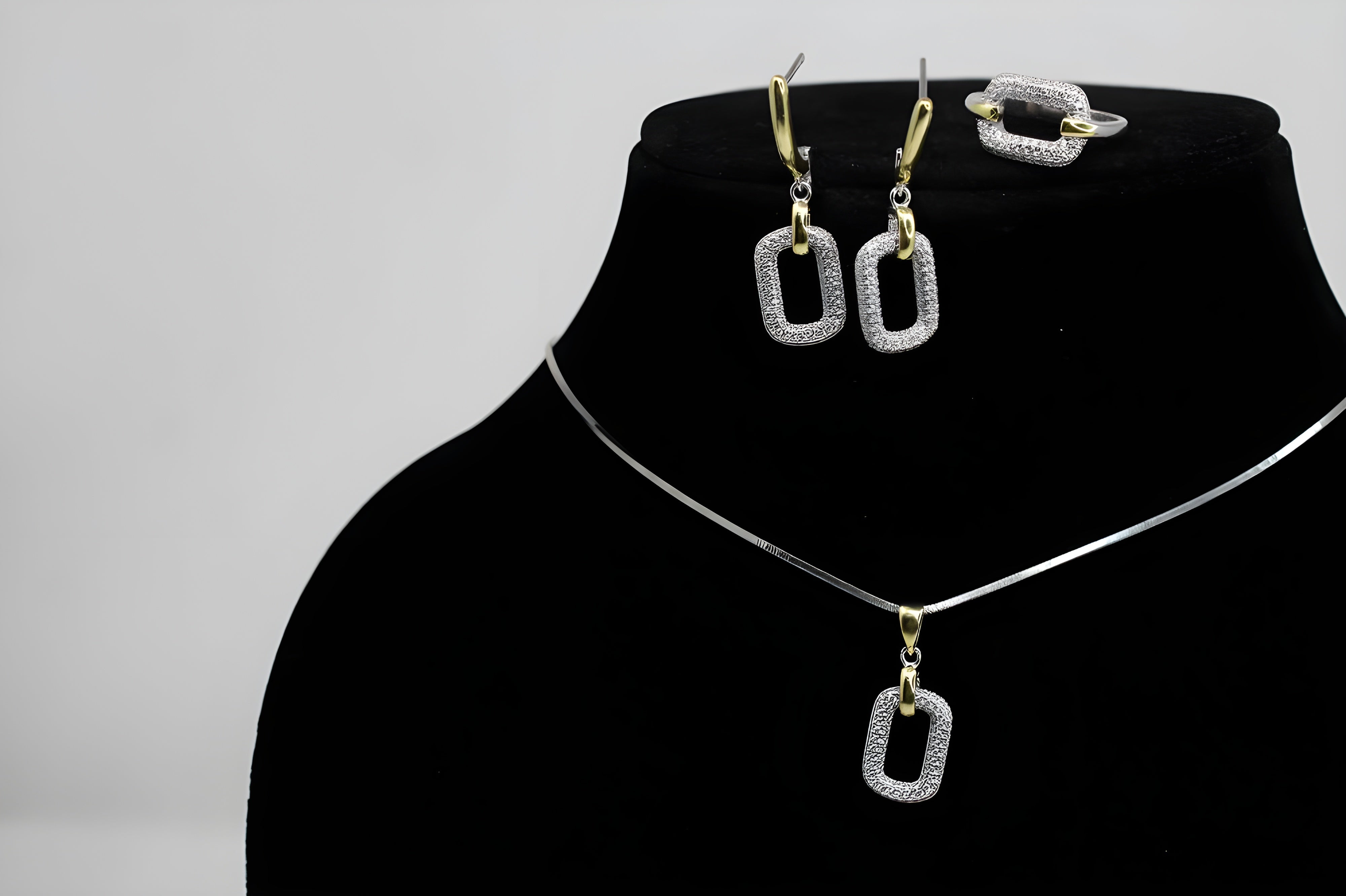 Modern Geometric Diamond Jewelry Set - Sterling Silver and Gold-Plated Ring, Pendant & Drop Earrings with Sparkling White Diamonds