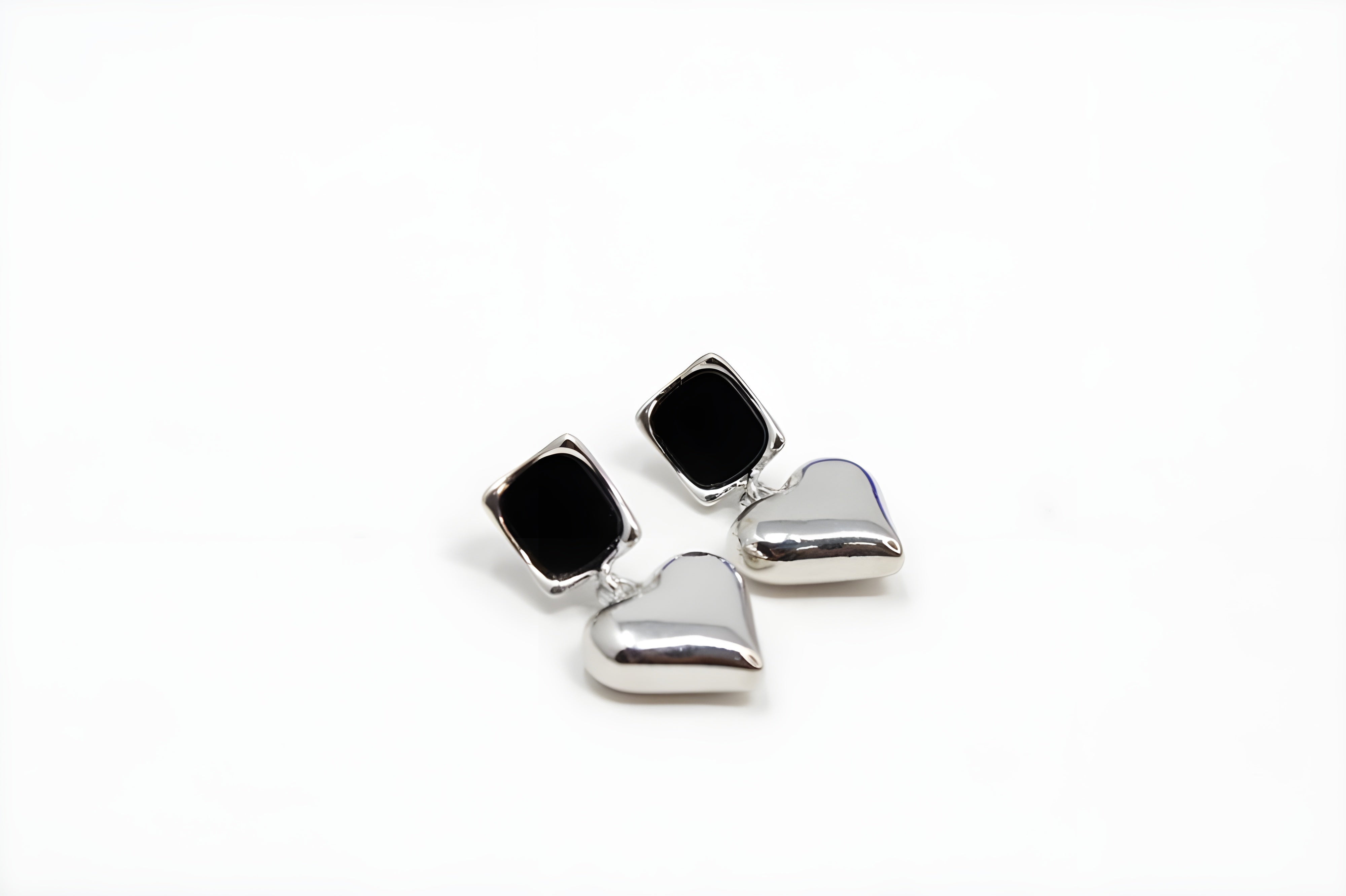 Enchanting Love Silver Heart Earrings with Black Center Square