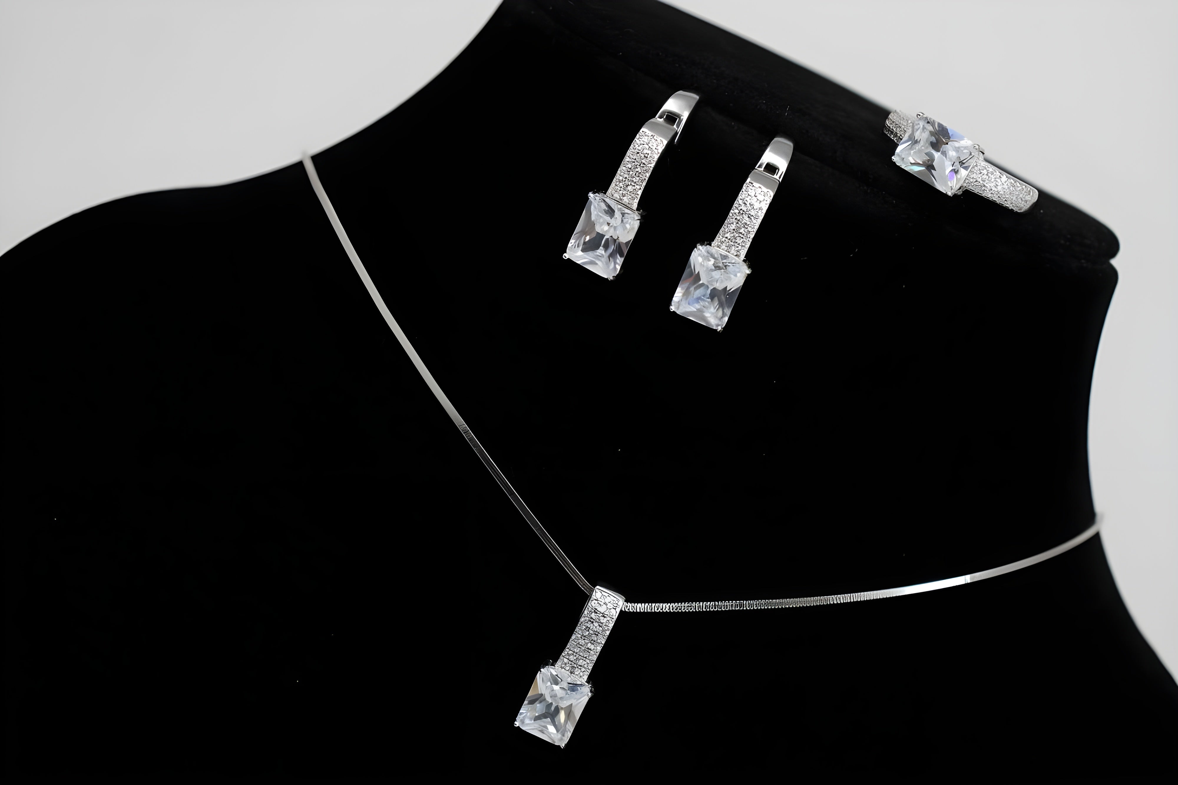 Radiant Princess Cut Diamond Jewelry Set - Sterling Silver Ring, Drop Earrings & Pendant with Sparkling Diamonds