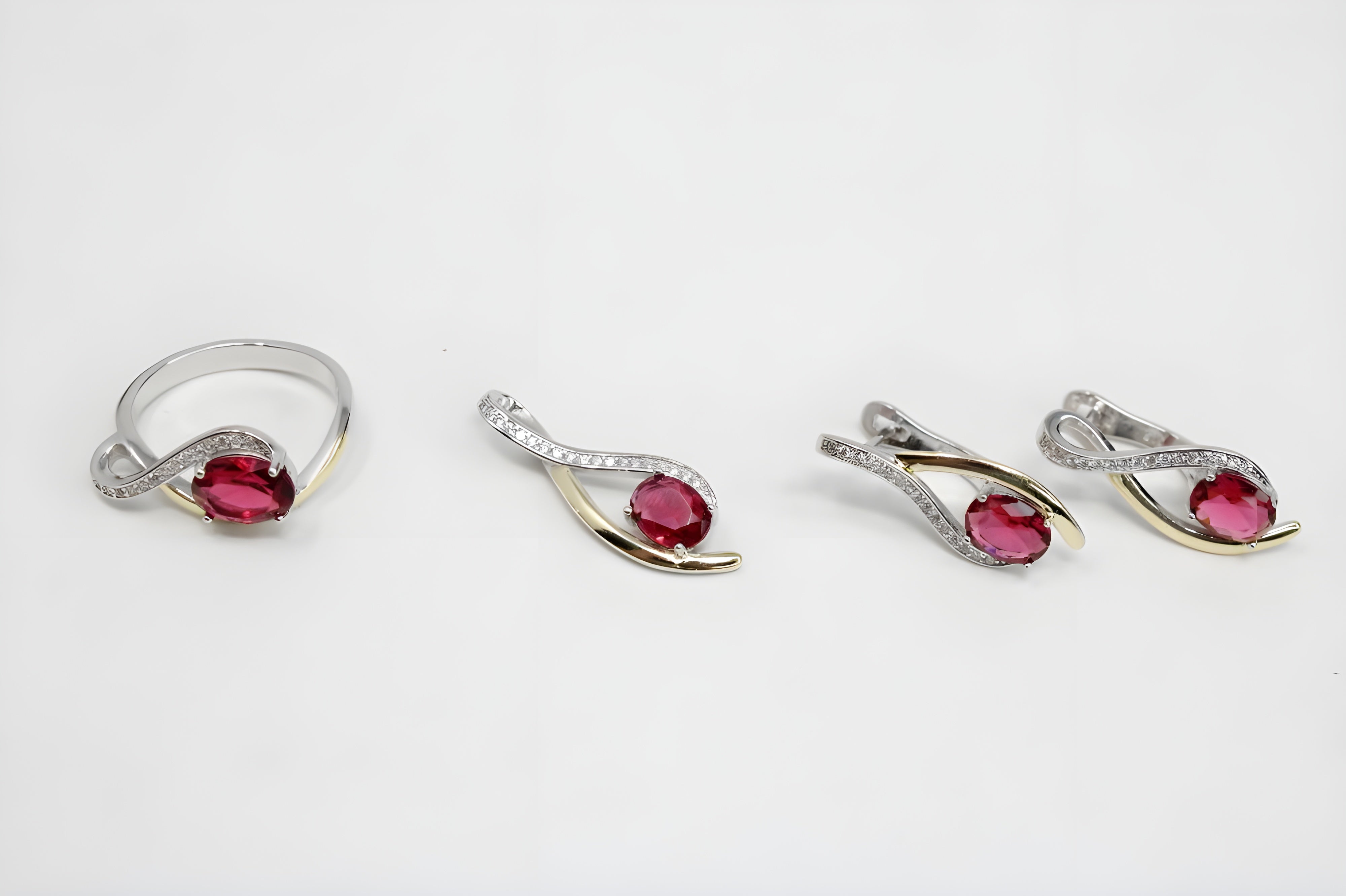 Red Oval Diamond Wave Jewelry Set with Gold Accents - Sterling Silver Ring, Drop Earrings & Pendant