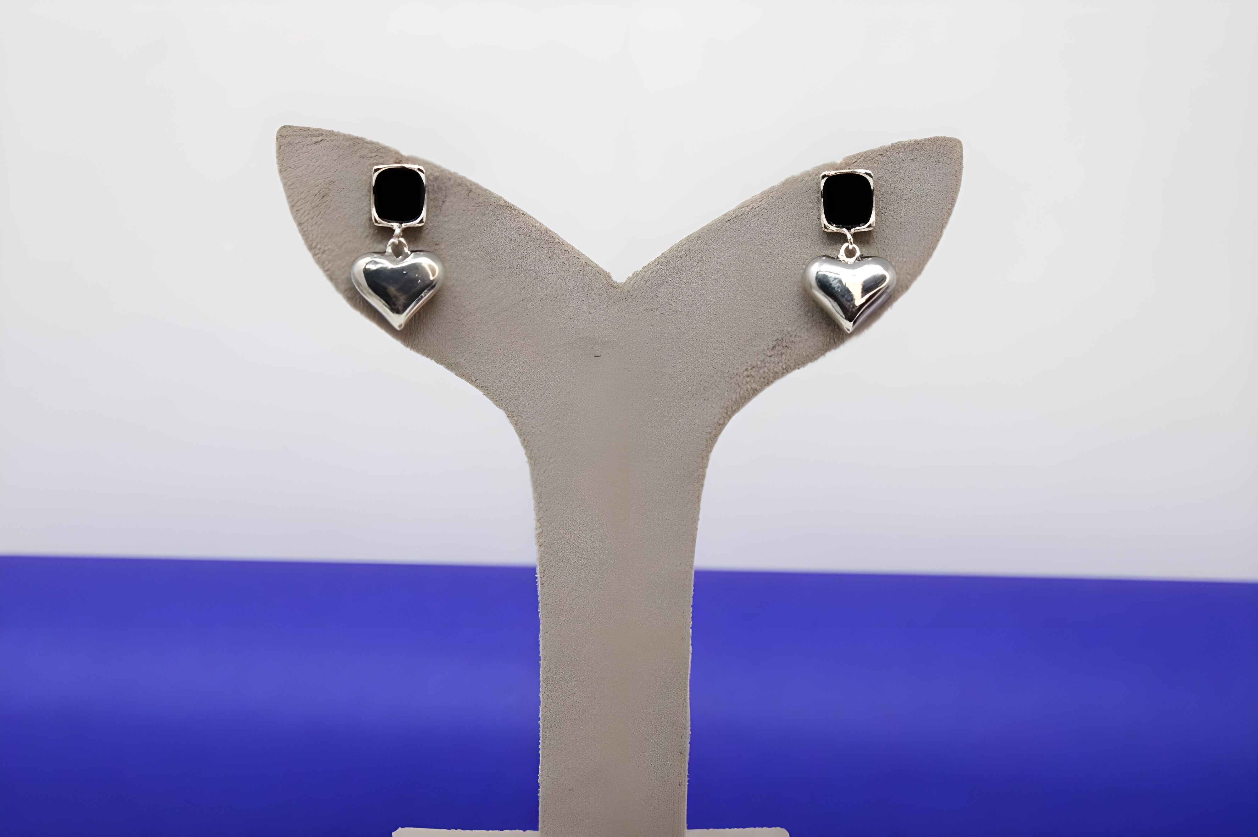 Enchanting Love Silver Heart Earrings with Black Center Square