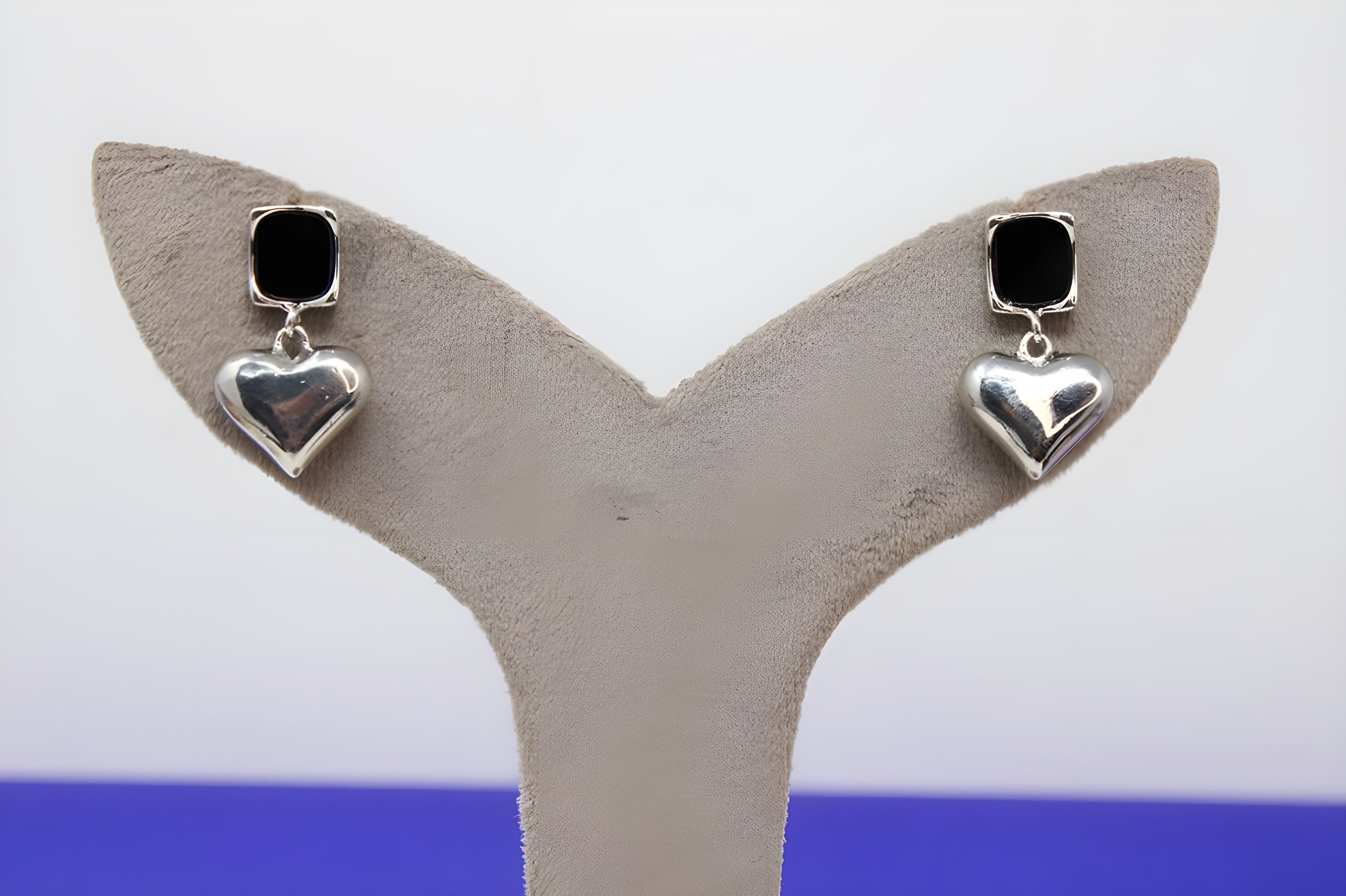 Enchanting Love Silver Heart Earrings with Black Center Square