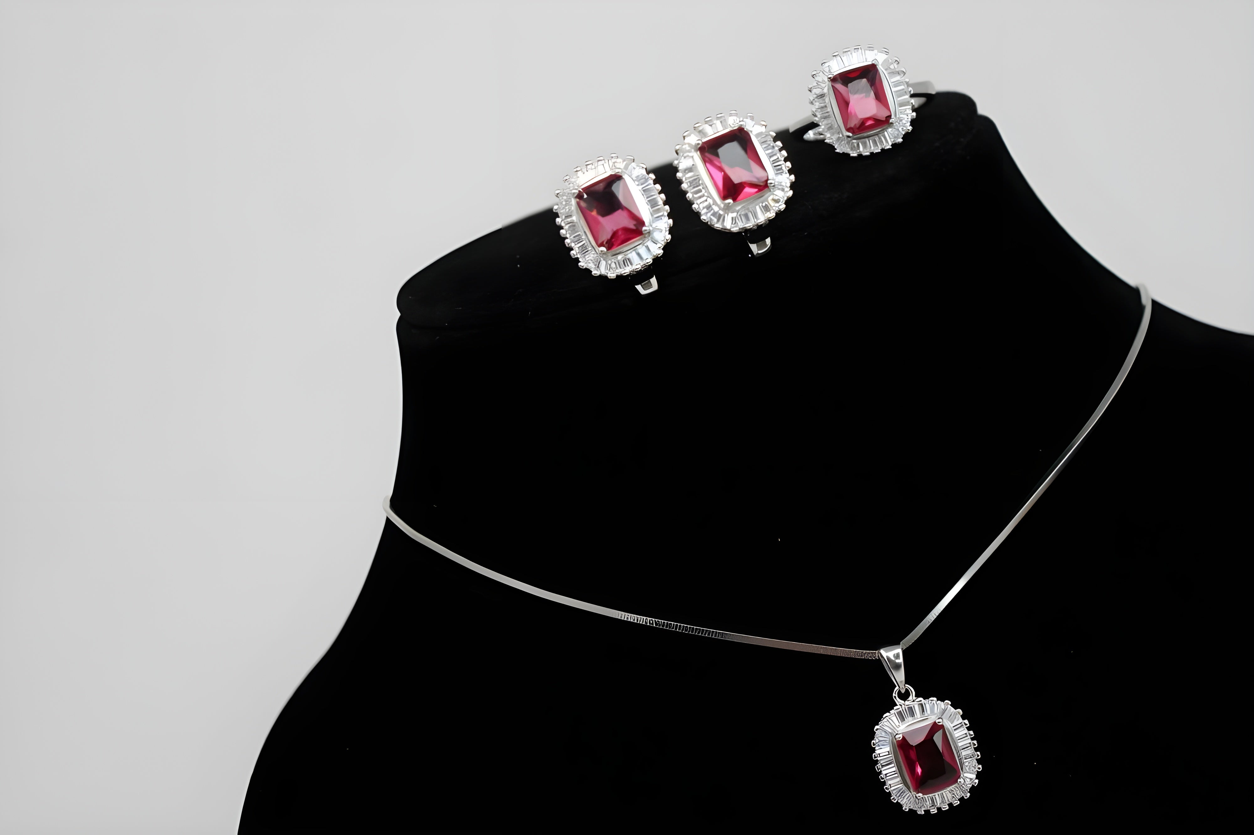 Radiant Red & blue Halo Diamond Jewelry Set - Sterling Silver Ring, Stud Earrings & Pendant with White Diamonds