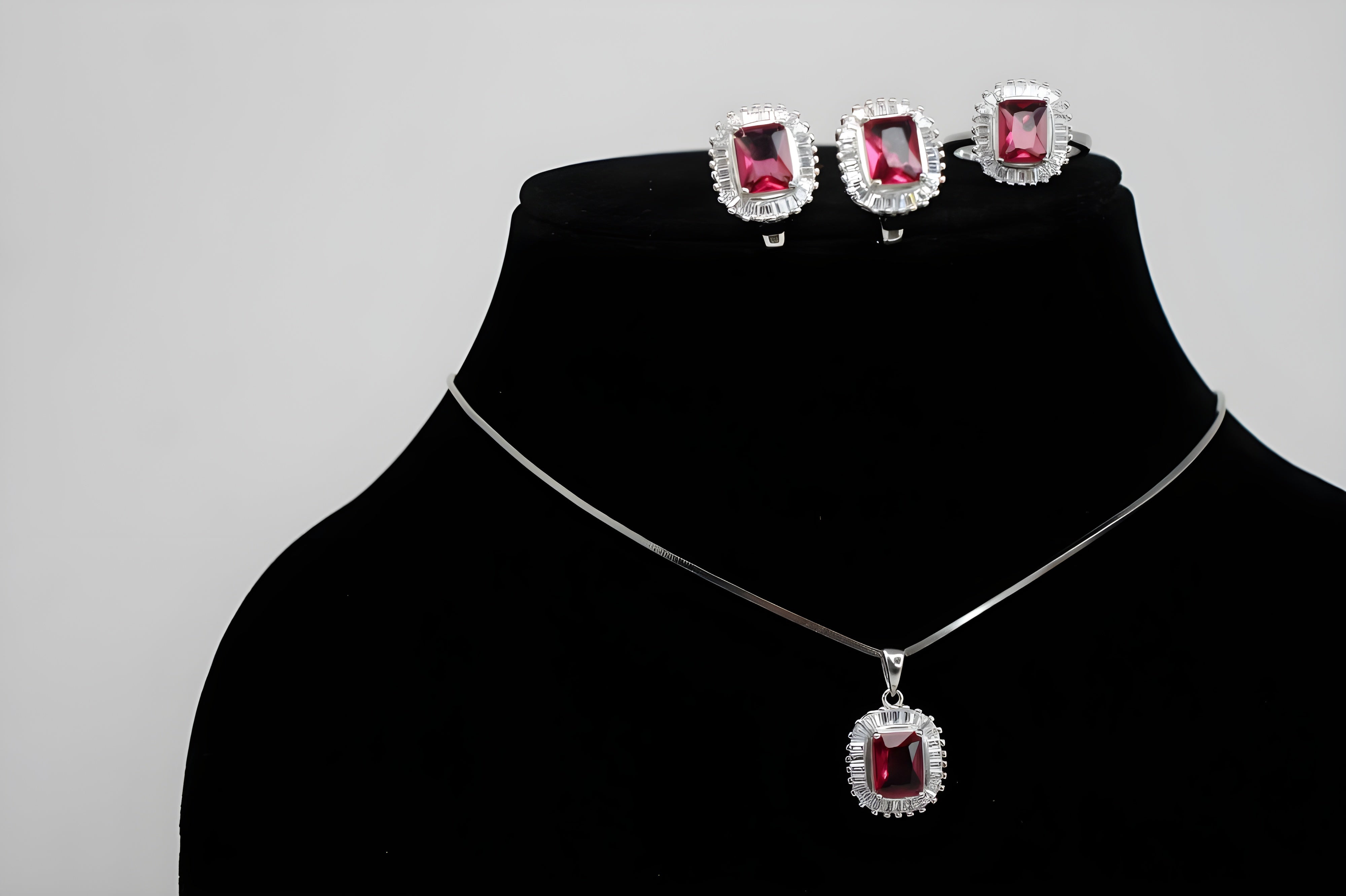 Radiant Red & blue Halo Diamond Jewelry Set - Sterling Silver Ring, Stud Earrings & Pendant with White Diamonds