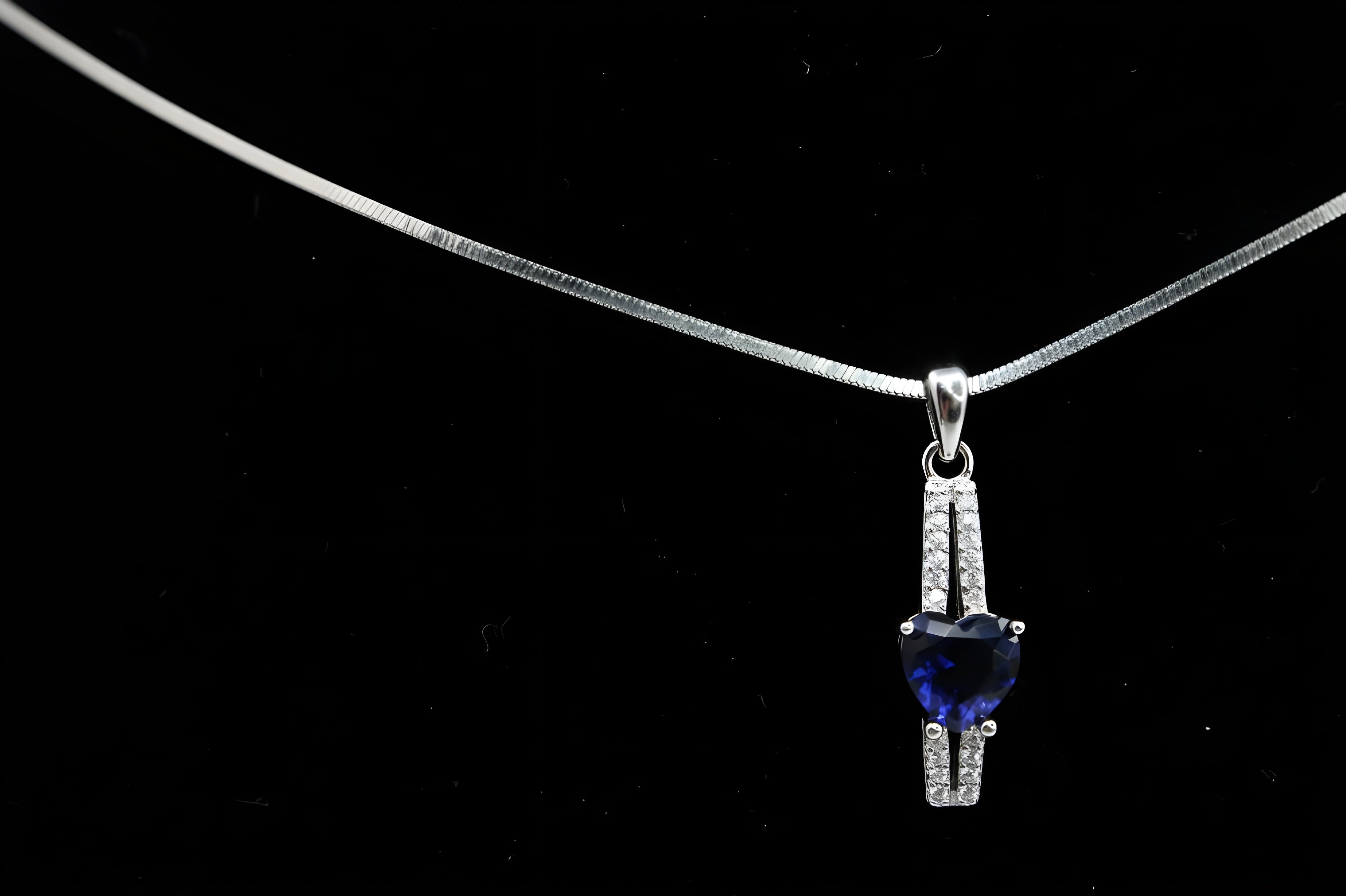 Midnight Blue Heart Diamond Jewelry Set - Sterling Silver Ring, Drop Earrings & Pendant with White Diamonds