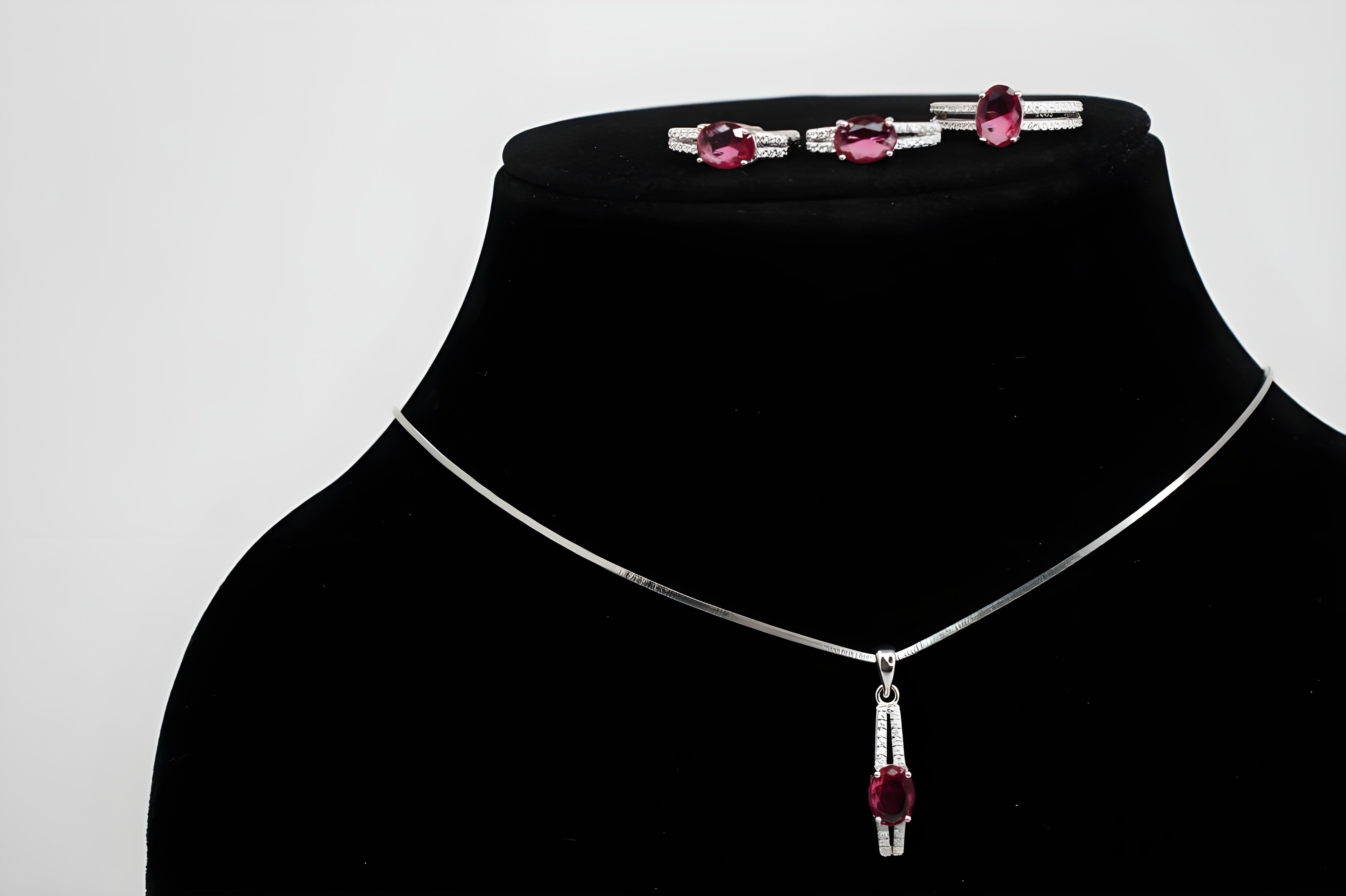 Rosé Allure Diamond Jewelry Set - Sterling Silver Ring, Drop Earrings & Pendant with Oval-Cut Cherry Pink Gemstones and White Diamonds