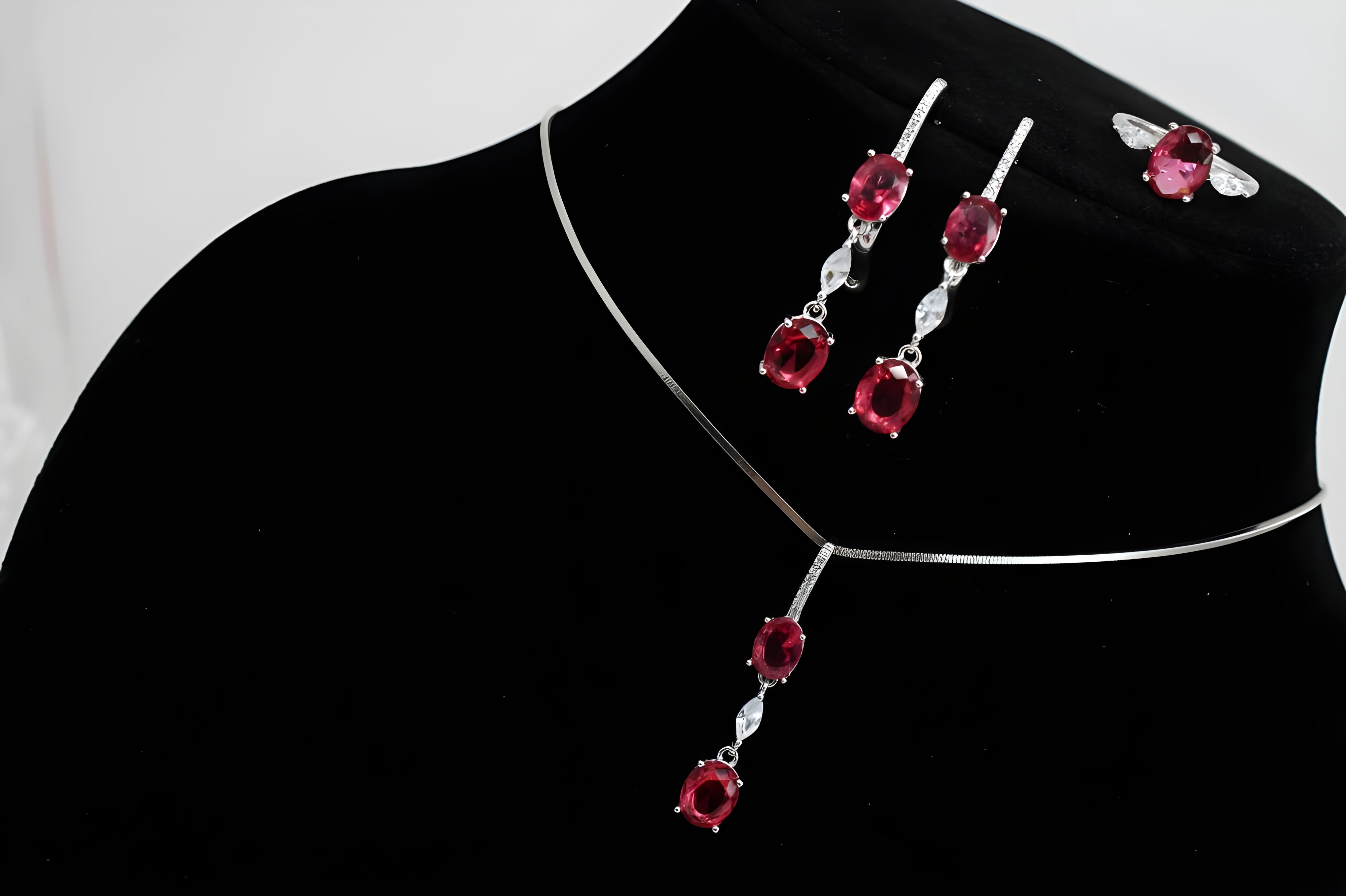 Scarlet Cascade Diamond Jewelry Set - Sterling Silver Ring, Drop Earrings & Pendant with Oval-Cut Scarlet Gemstones and Cascading White Diamonds