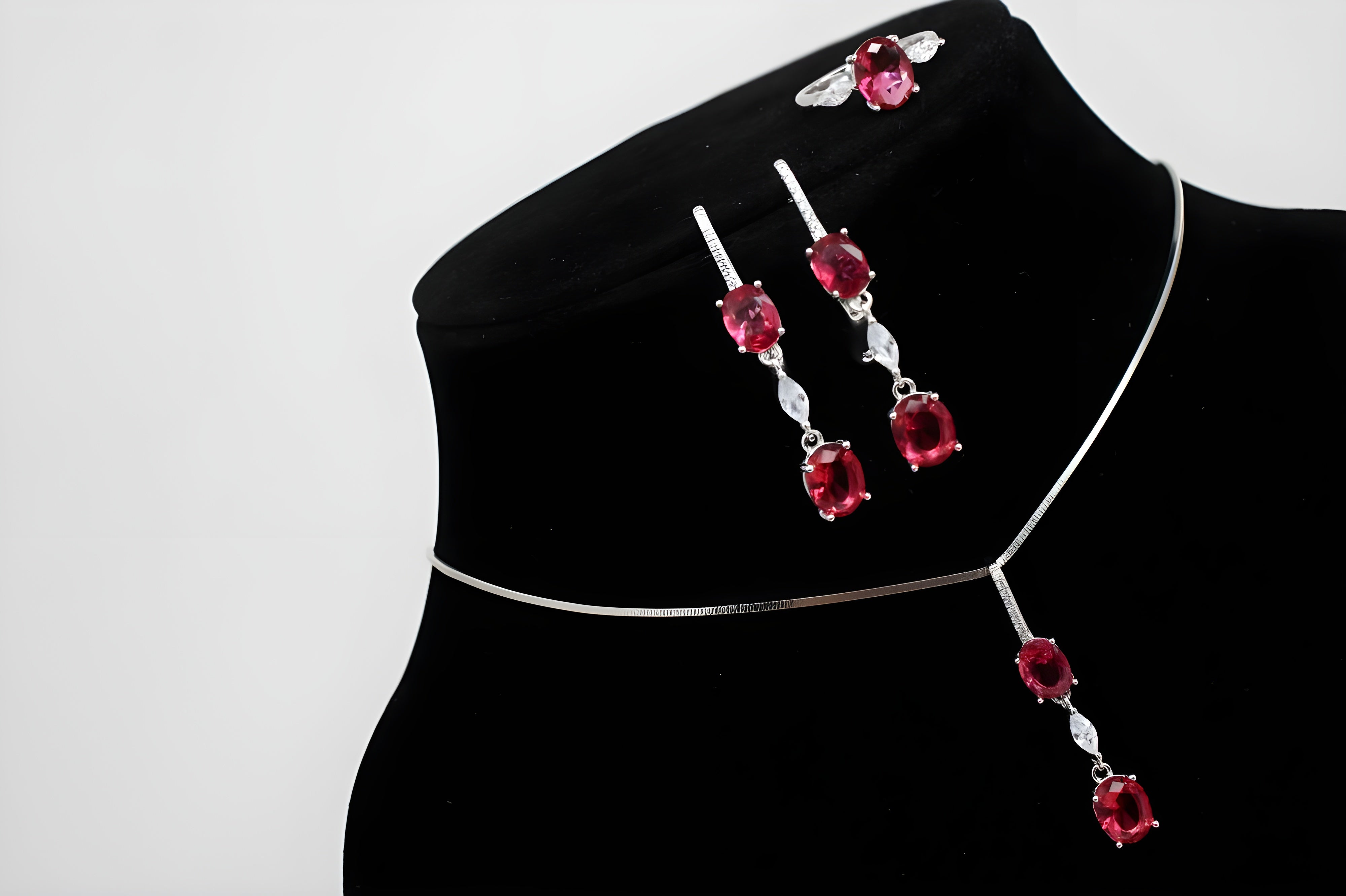 Scarlet Cascade Diamond Jewelry Set - Sterling Silver Ring, Drop Earrings & Pendant with Oval-Cut Scarlet Gemstones and Cascading White Diamonds