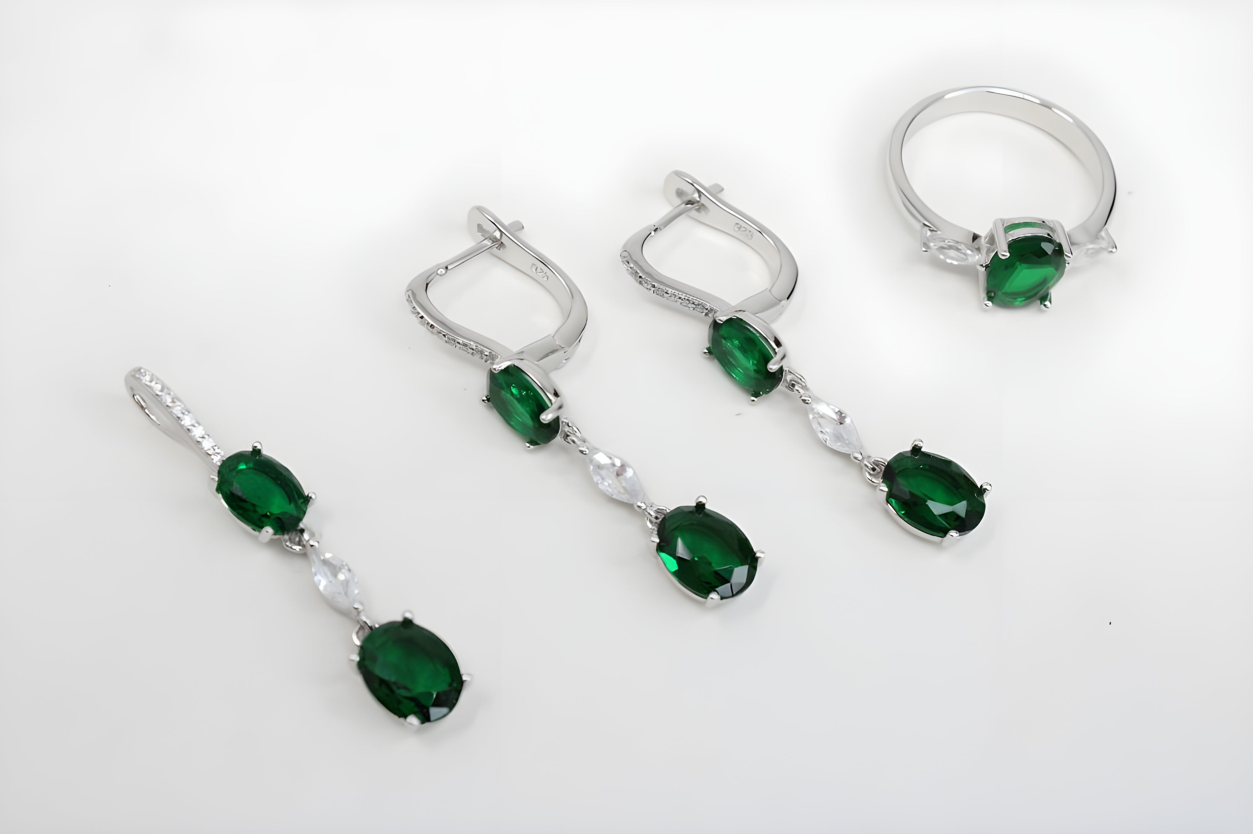 Emerald Cascade Diamond Jewelry Set - Sterling Silver Ring, Drop Earrings & Pendant with Oval-Cut Emeralds and Cascading White Diamonds