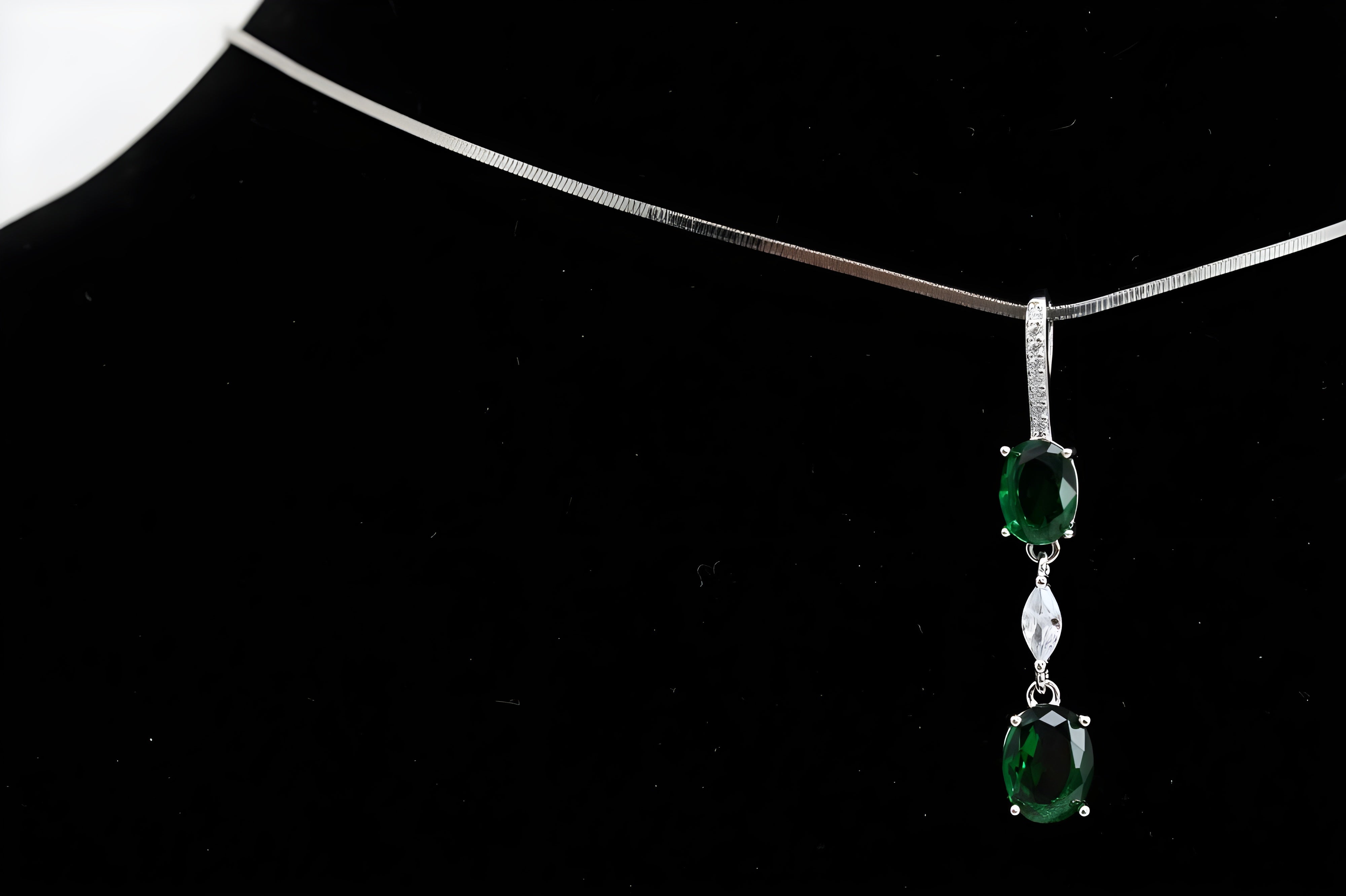 Emerald Cascade Diamond Jewelry Set - Sterling Silver Ring, Drop Earrings & Pendant with Oval-Cut Emeralds and Cascading White Diamonds