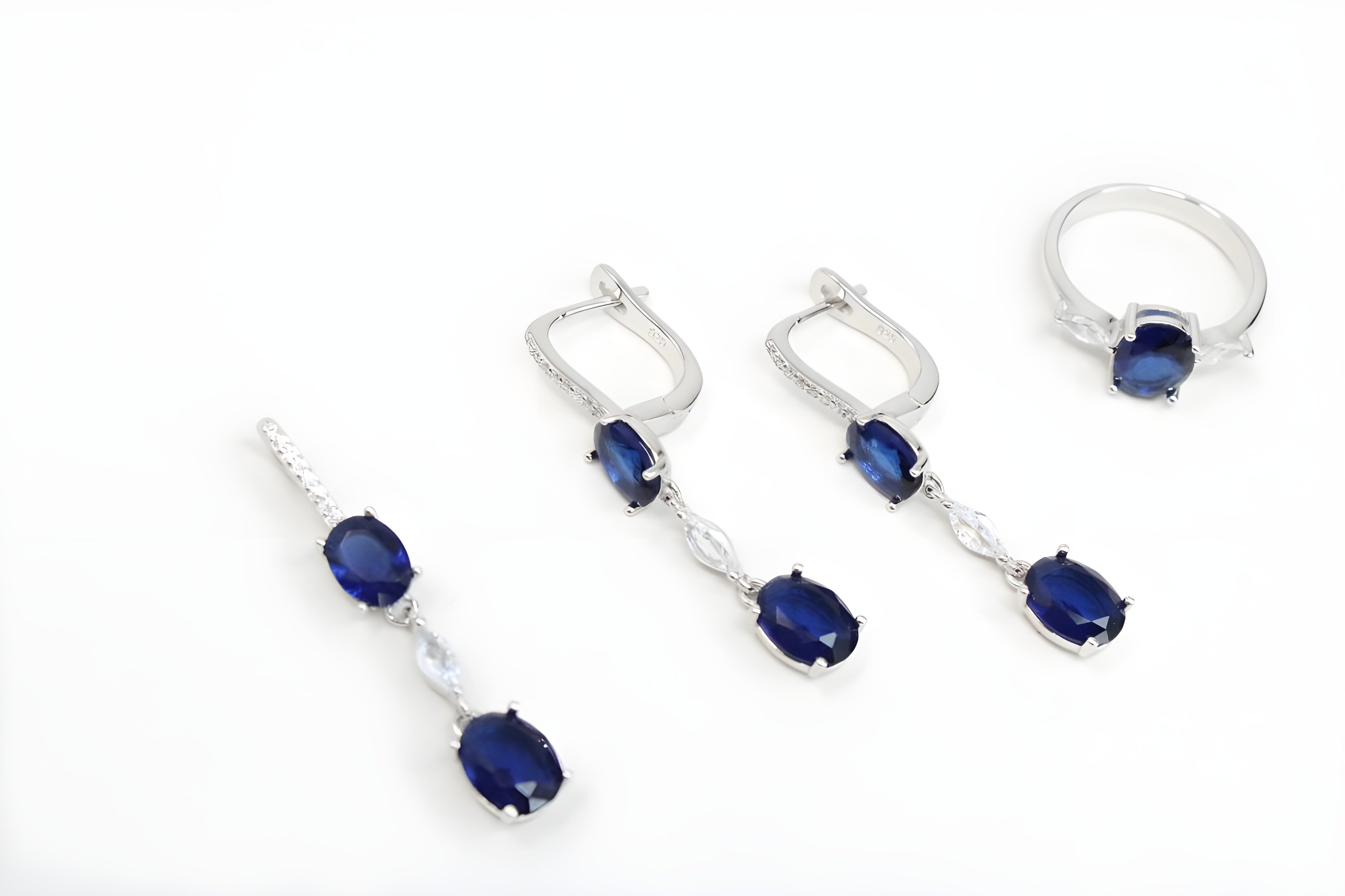 Sapphire Cascade Diamond Jewelry Set - Sterling Silver Ring, Drop Earrings & Pendant with Oval-Cut Sapphires and Cascading White Diamonds