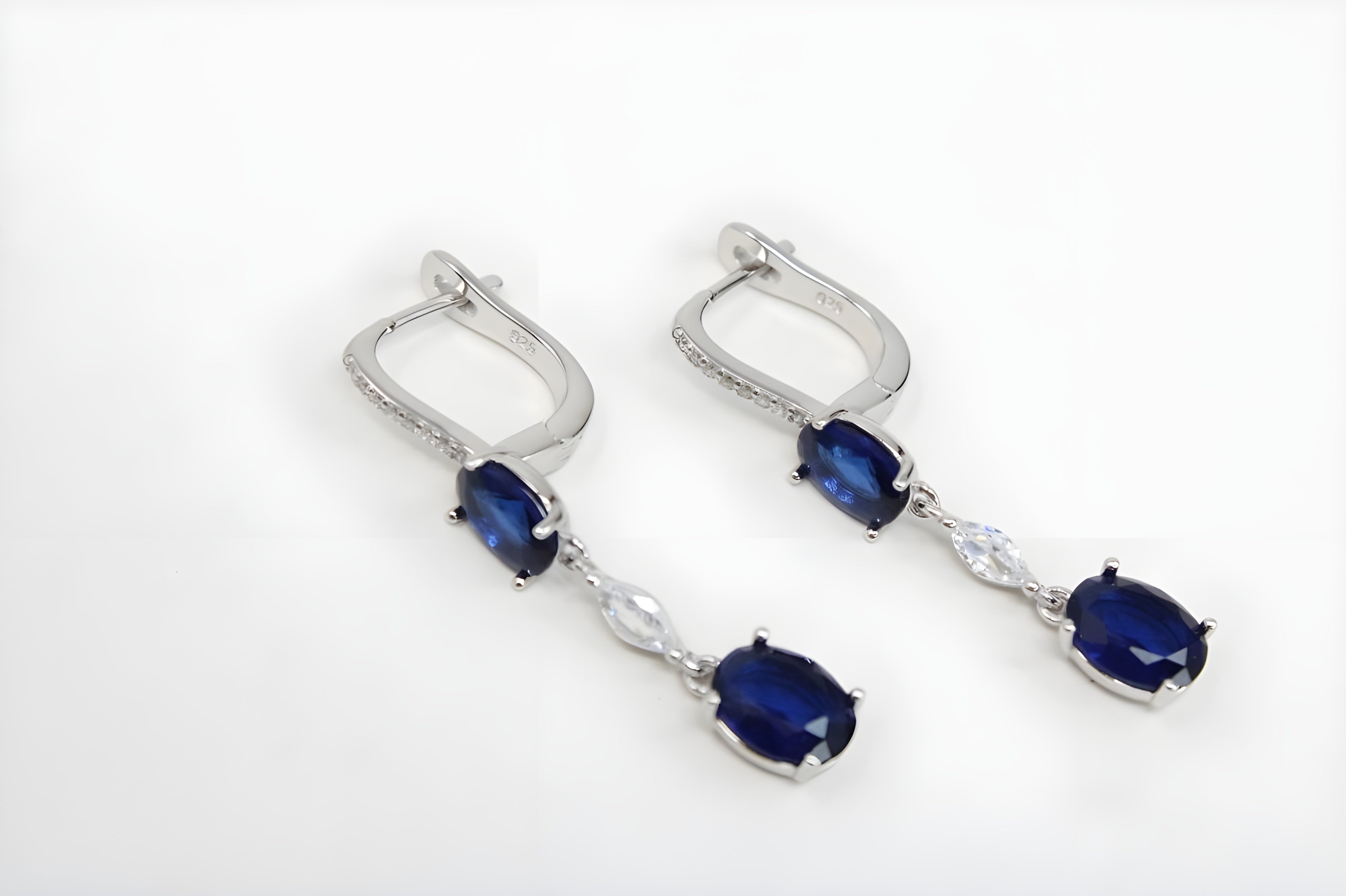 Sapphire Cascade Diamond Jewelry Set - Sterling Silver Ring, Drop Earrings & Pendant with Oval-Cut Sapphires and Cascading White Diamonds