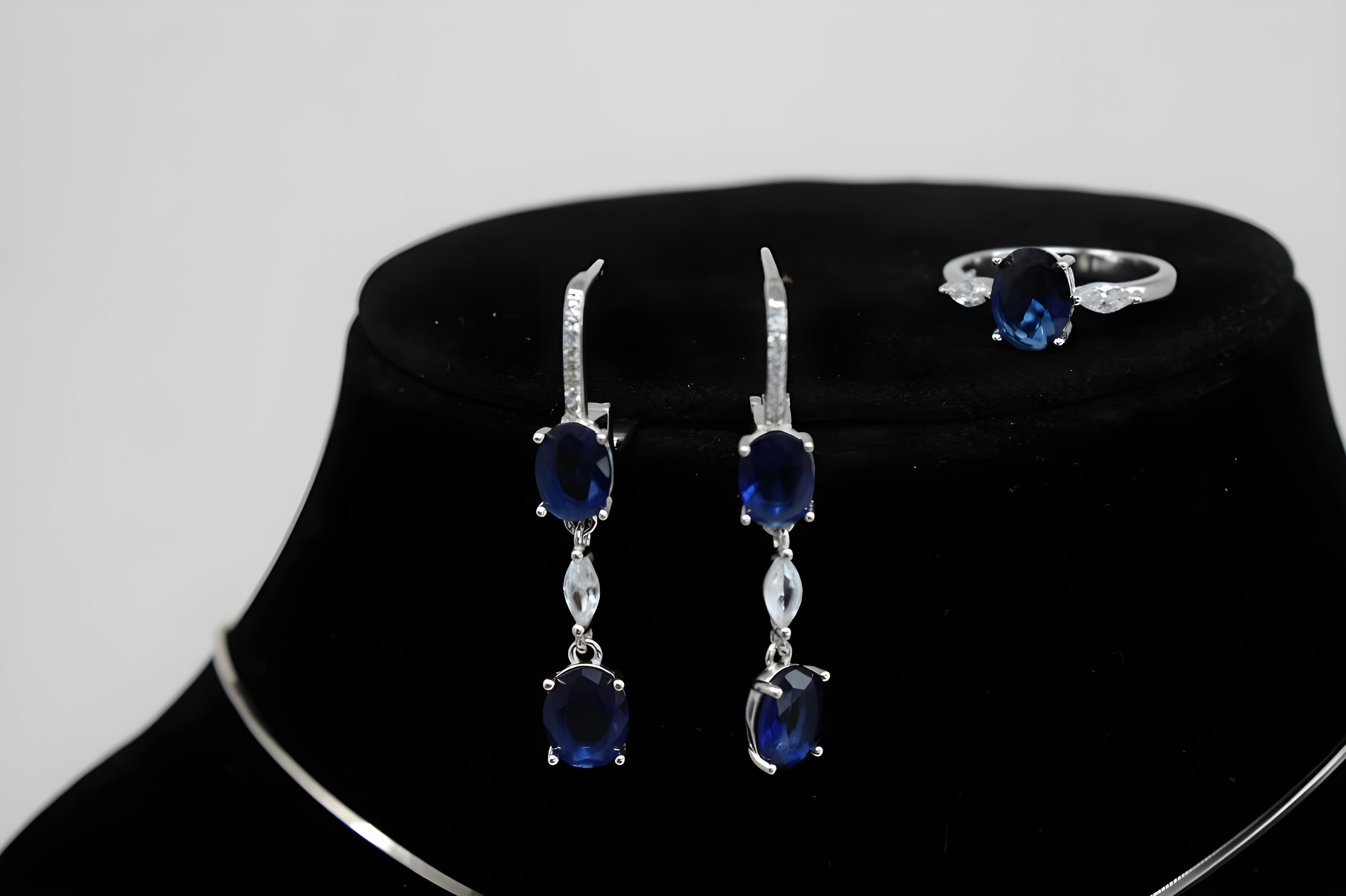 Sapphire Cascade Diamond Jewelry Set - Sterling Silver Ring, Drop Earrings & Pendant with Oval-Cut Sapphires and Cascading White Diamonds