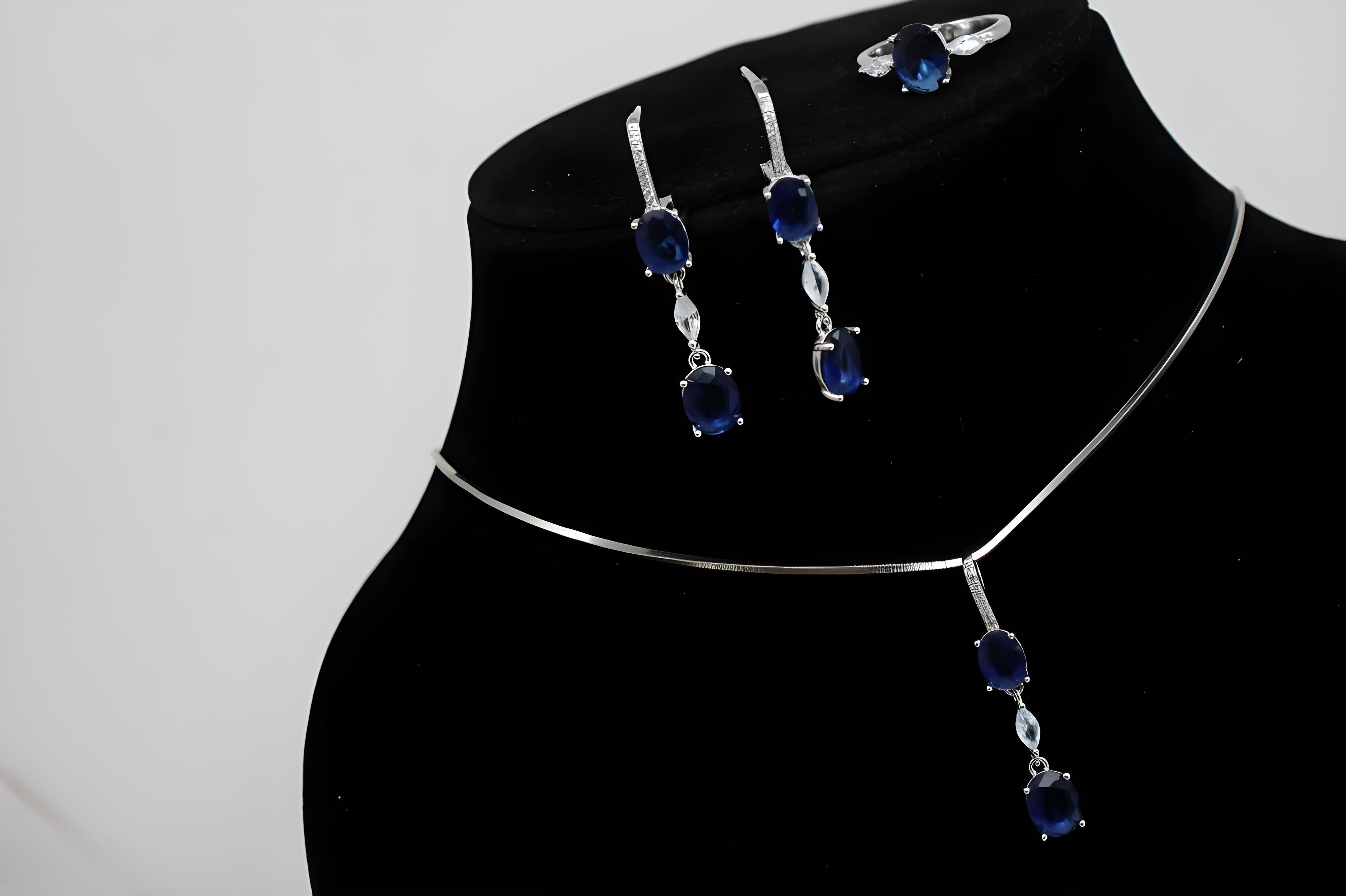 Sapphire Cascade Diamond Jewelry Set - Sterling Silver Ring, Drop Earrings & Pendant with Oval-Cut Sapphires and Cascading White Diamonds