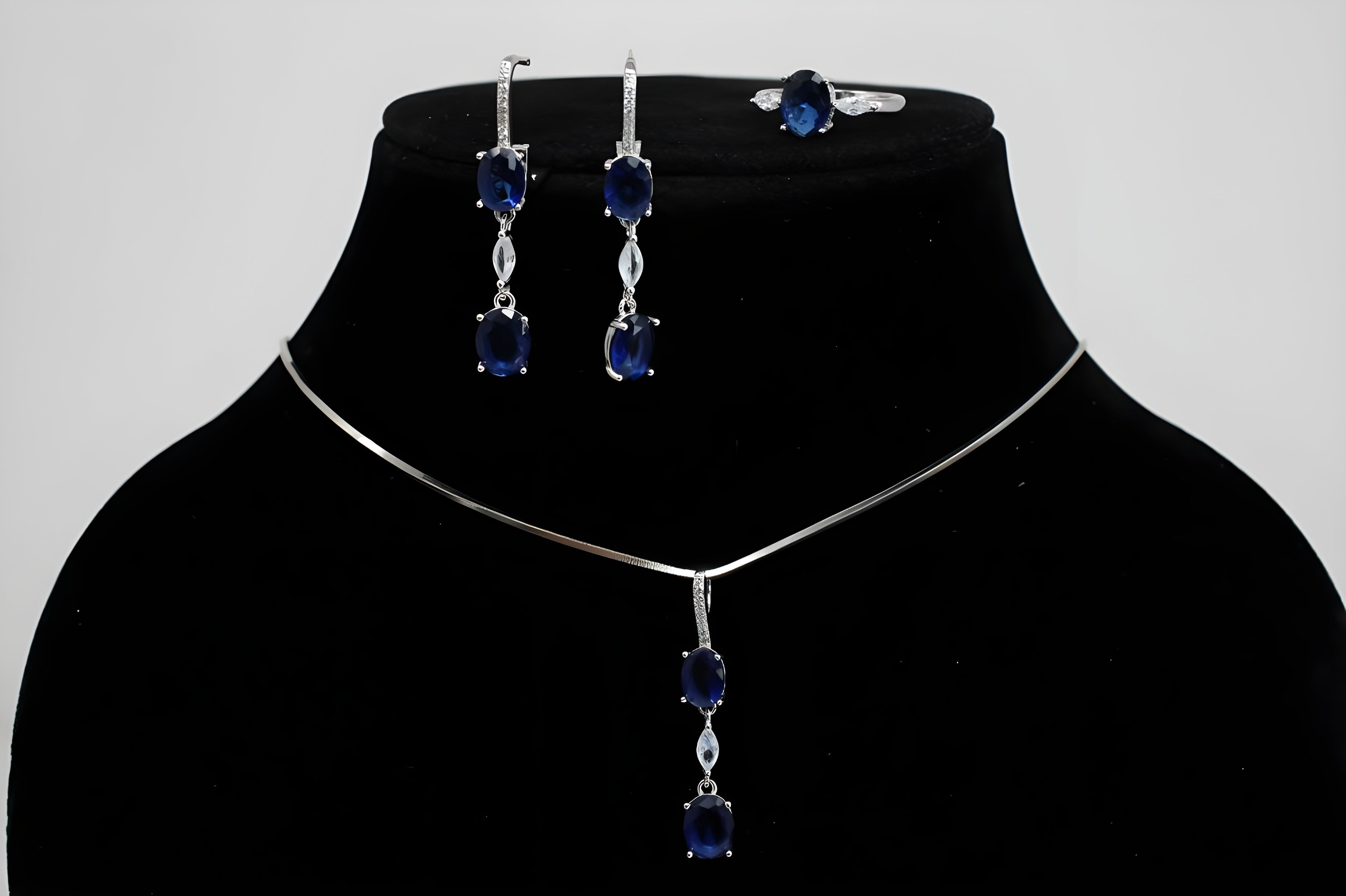 Sapphire Cascade Diamond Jewelry Set - Sterling Silver Ring, Drop Earrings & Pendant with Oval-Cut Sapphires and Cascading White Diamonds