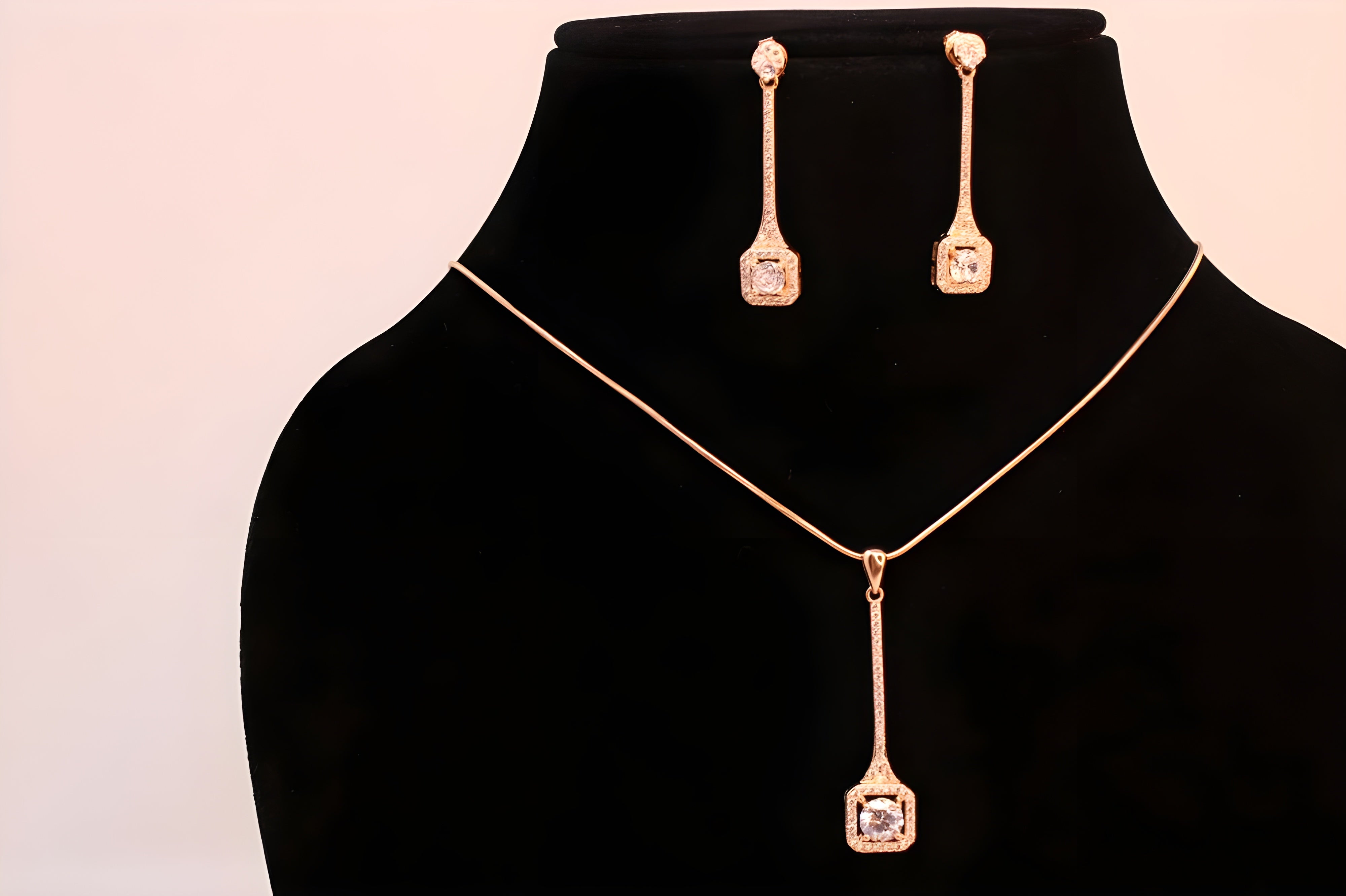 Rose Gold Square Radiance Jewelry Set - Elegant Drop Earrings & Pendant with Diamond Halo