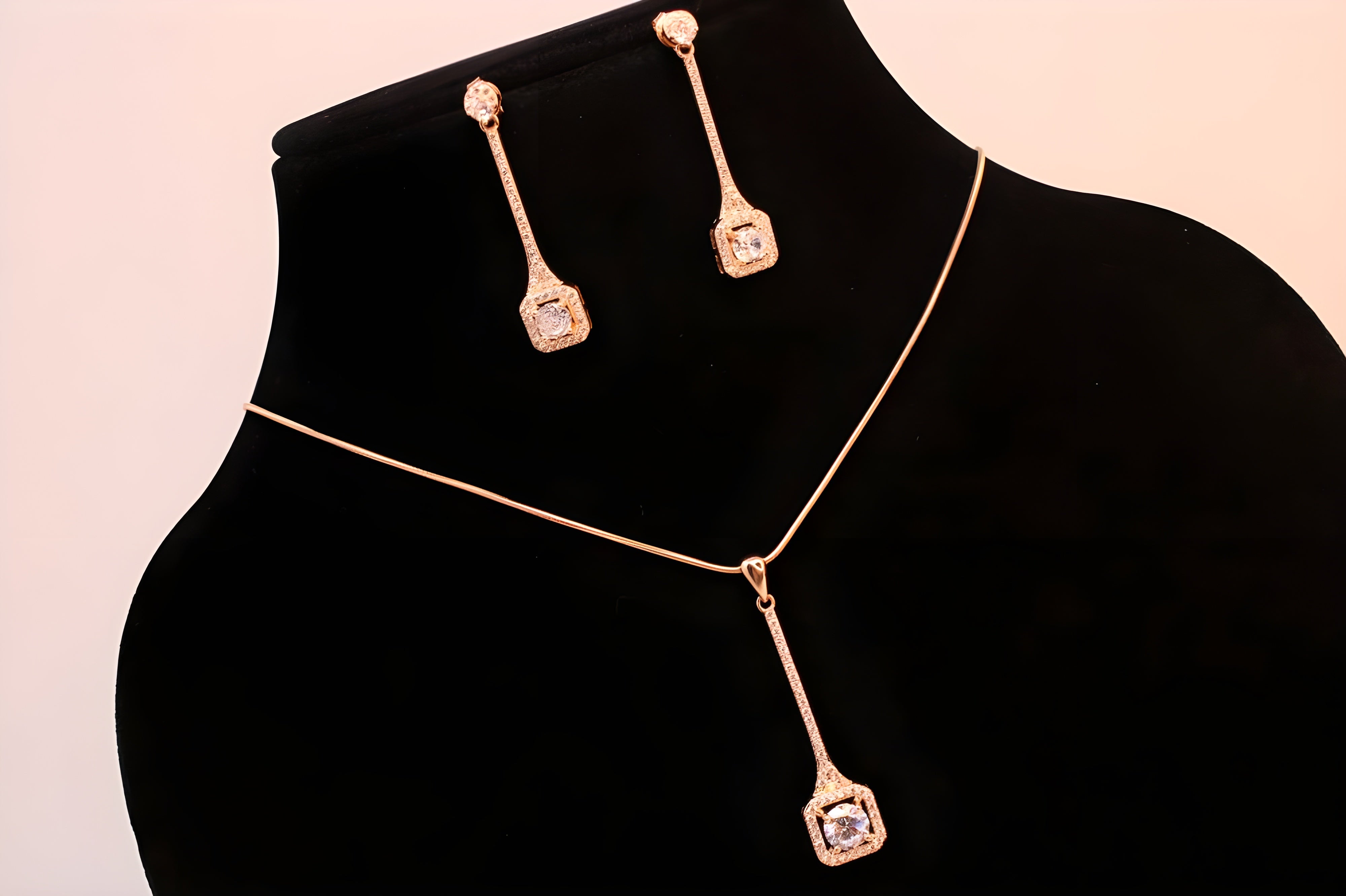 Rose Gold Square Radiance Jewelry Set - Elegant Drop Earrings & Pendant with Diamond Halo