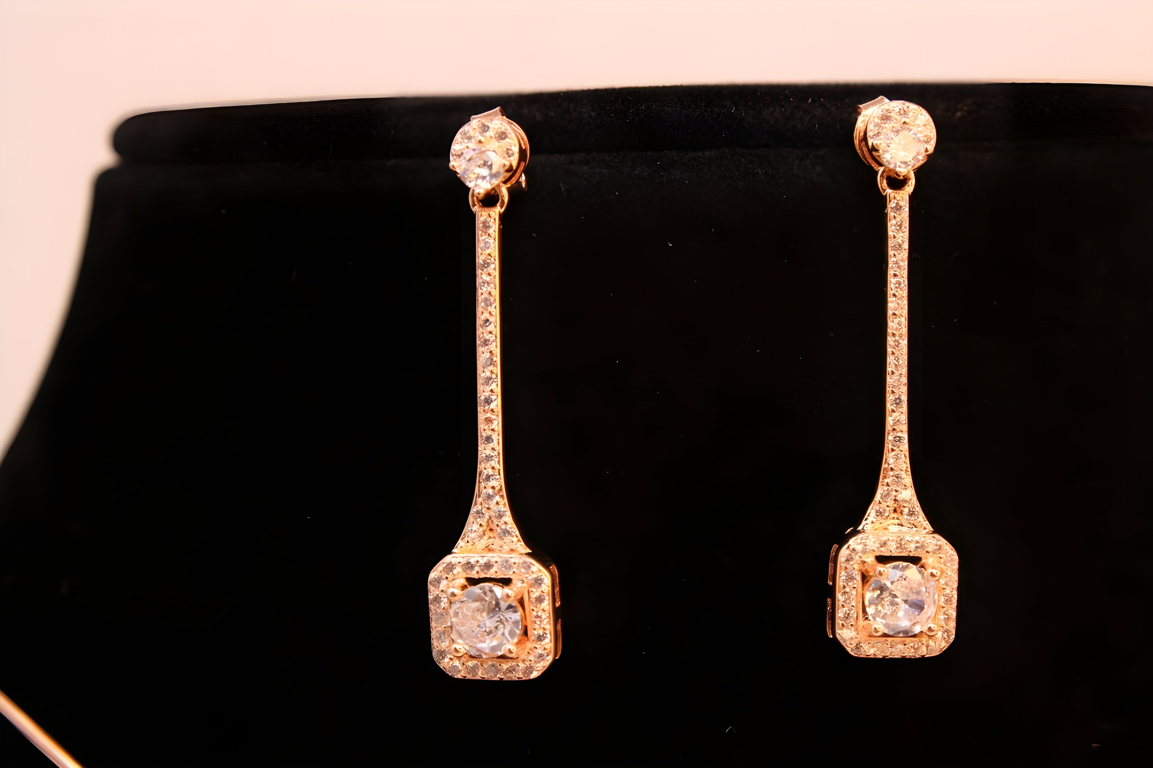 Rose Gold Square Radiance Jewelry Set - Elegant Drop Earrings & Pendant with Diamond Halo