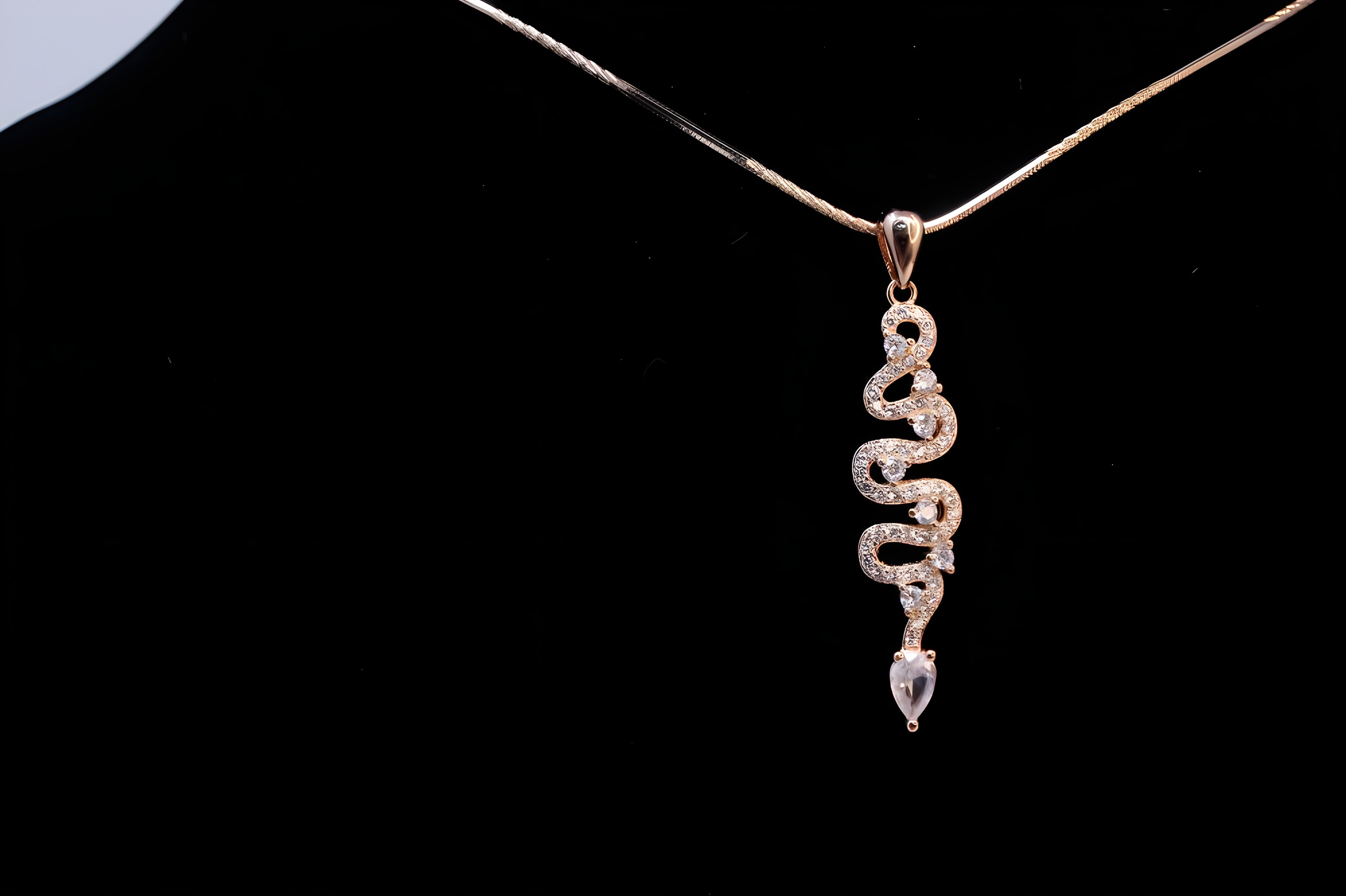 Rose Gold Serpentine Sparkle Jewelry Set - Long Drop Earrings & Pendant with Teardrop Diamonds