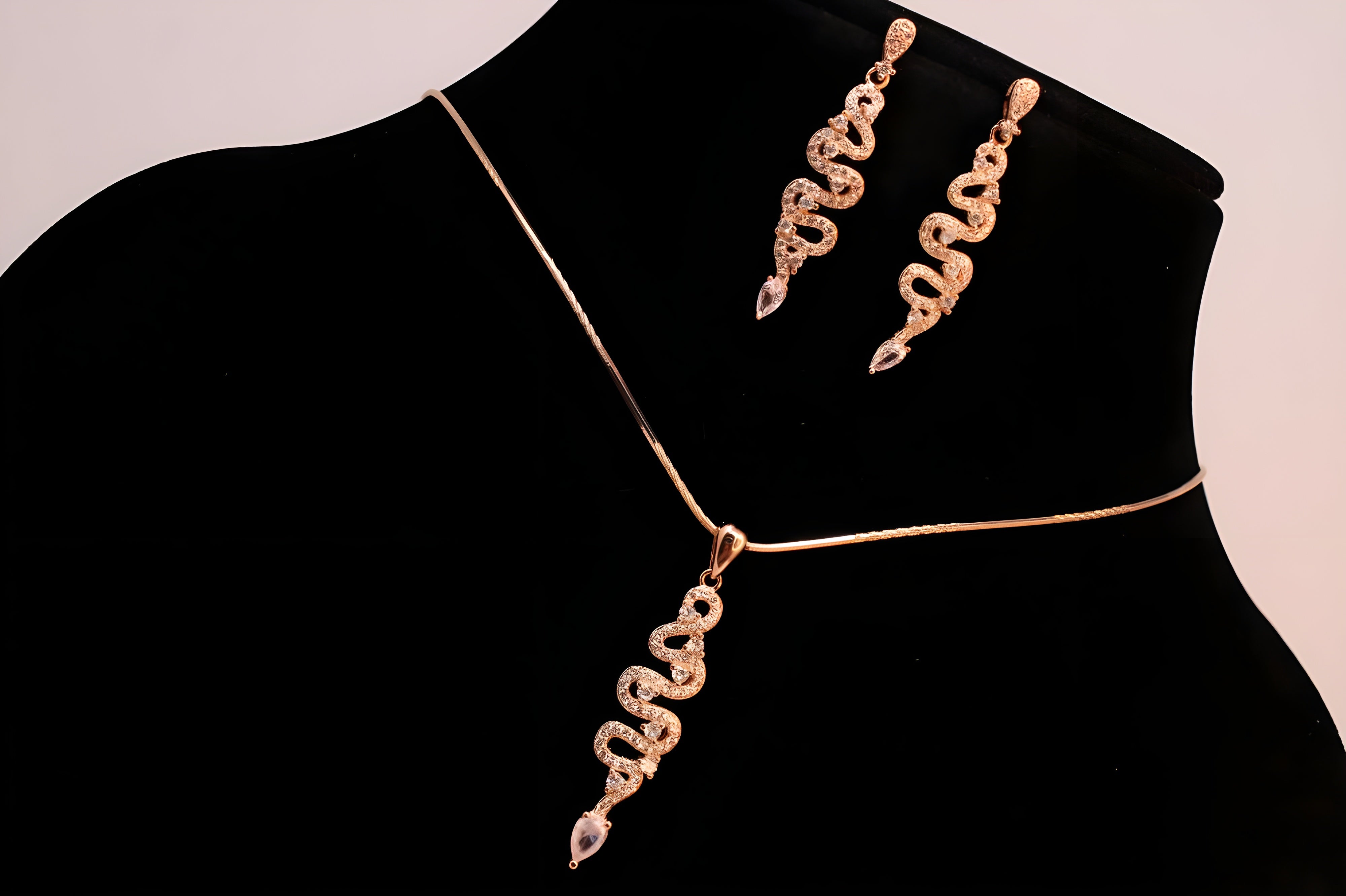 Rose Gold Serpentine Sparkle Jewelry Set - Long Drop Earrings & Pendant with Teardrop Diamonds