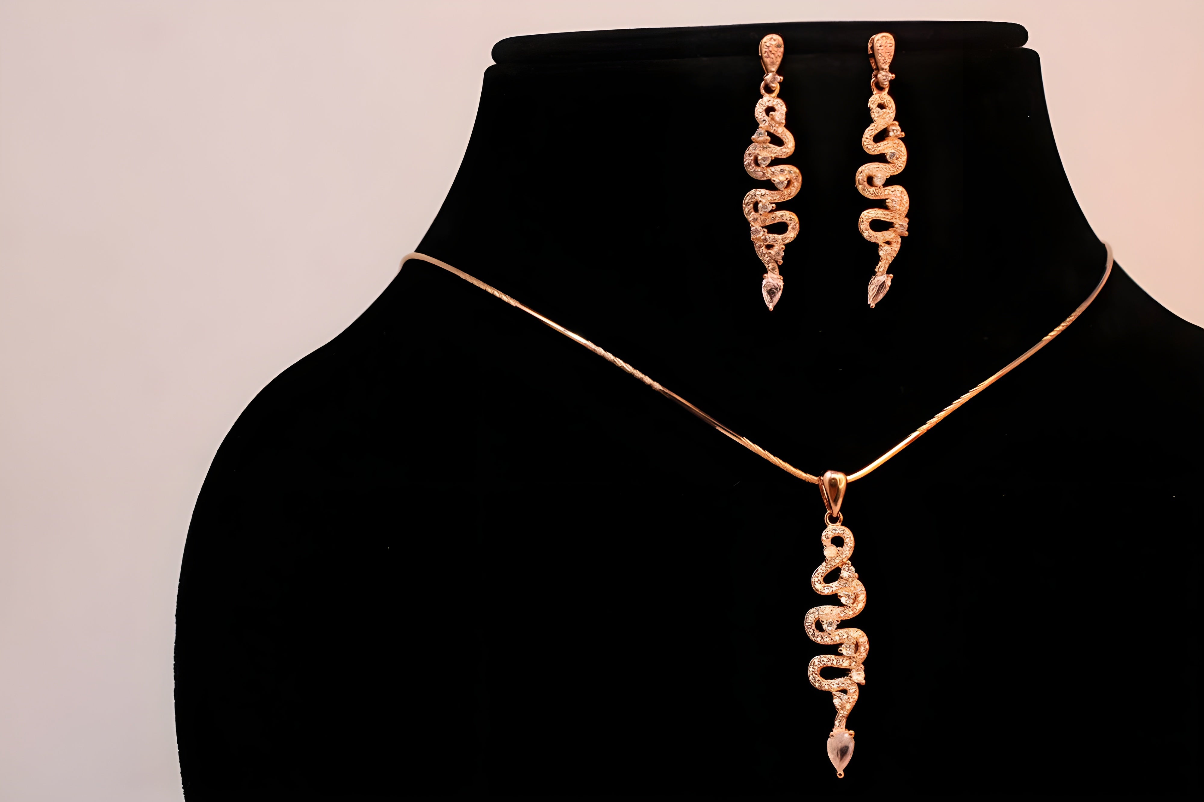 Rose Gold Serpentine Sparkle Jewelry Set - Long Drop Earrings & Pendant with Teardrop Diamonds